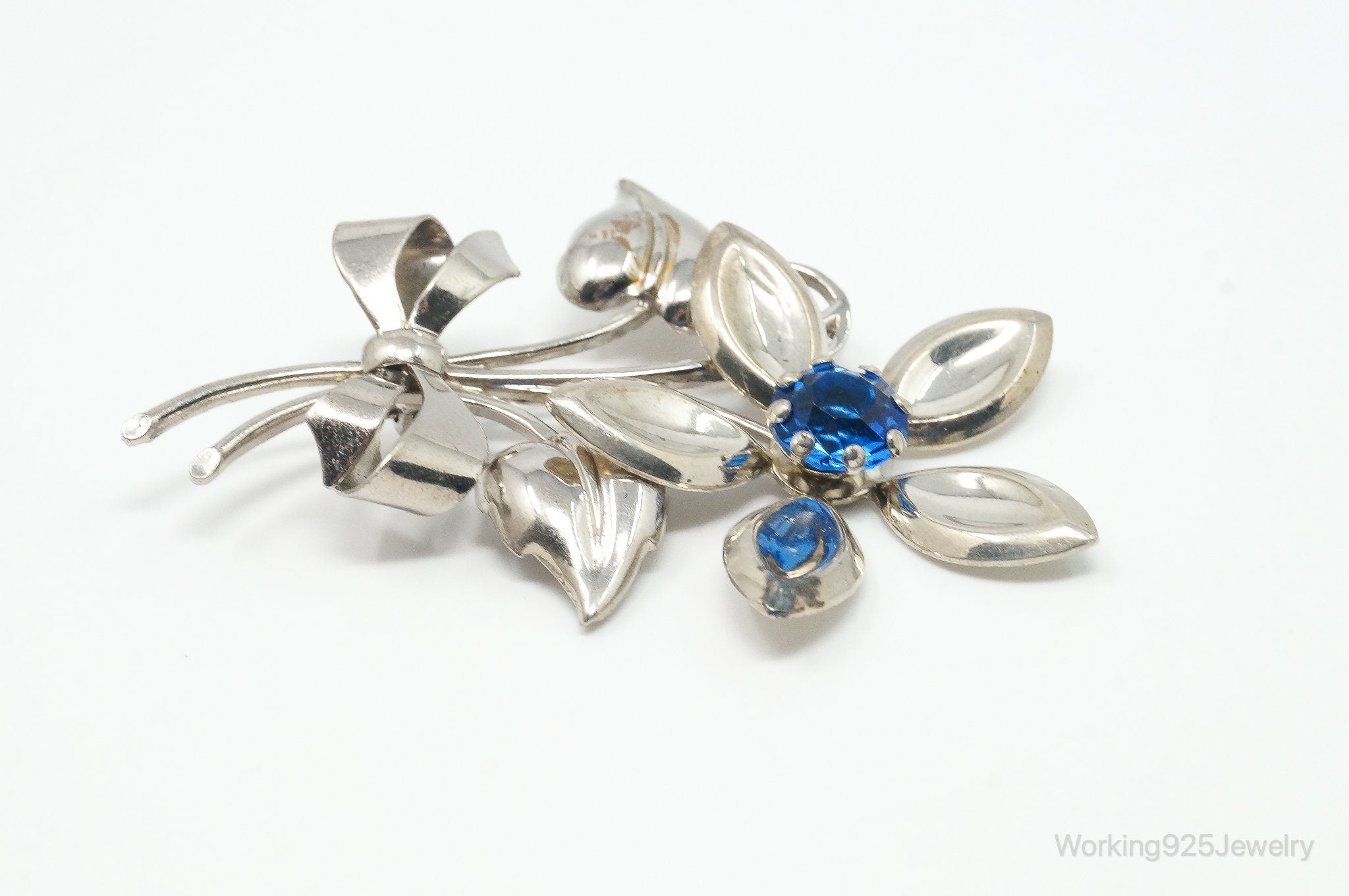 Antique Large Blue Art Glass Flower Sterling Silver Brooch Pin