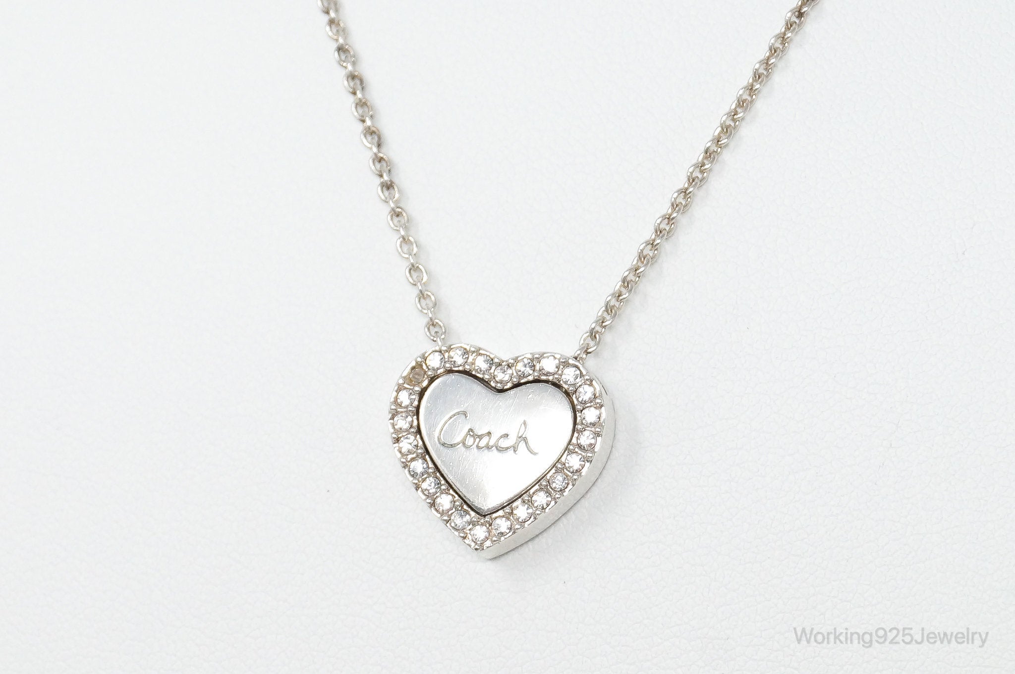 Designer COACH Crystal Heart Sterling Silver Necklace