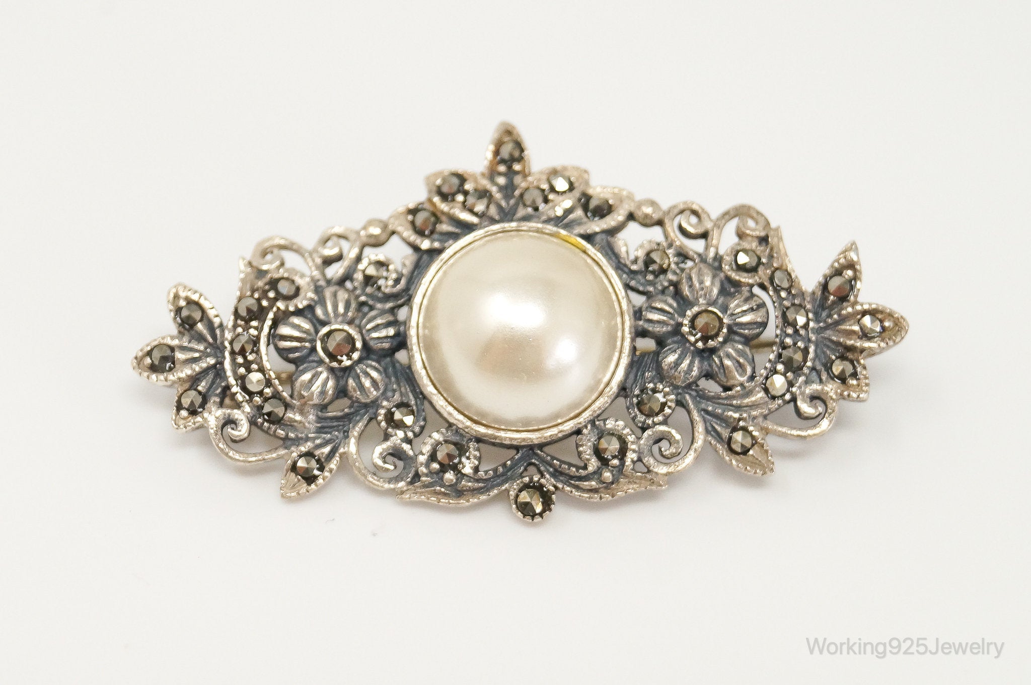 Vintage Boma Faux Pearl Marcasite Art Deco Floral Sterling Silver Brooch Pin