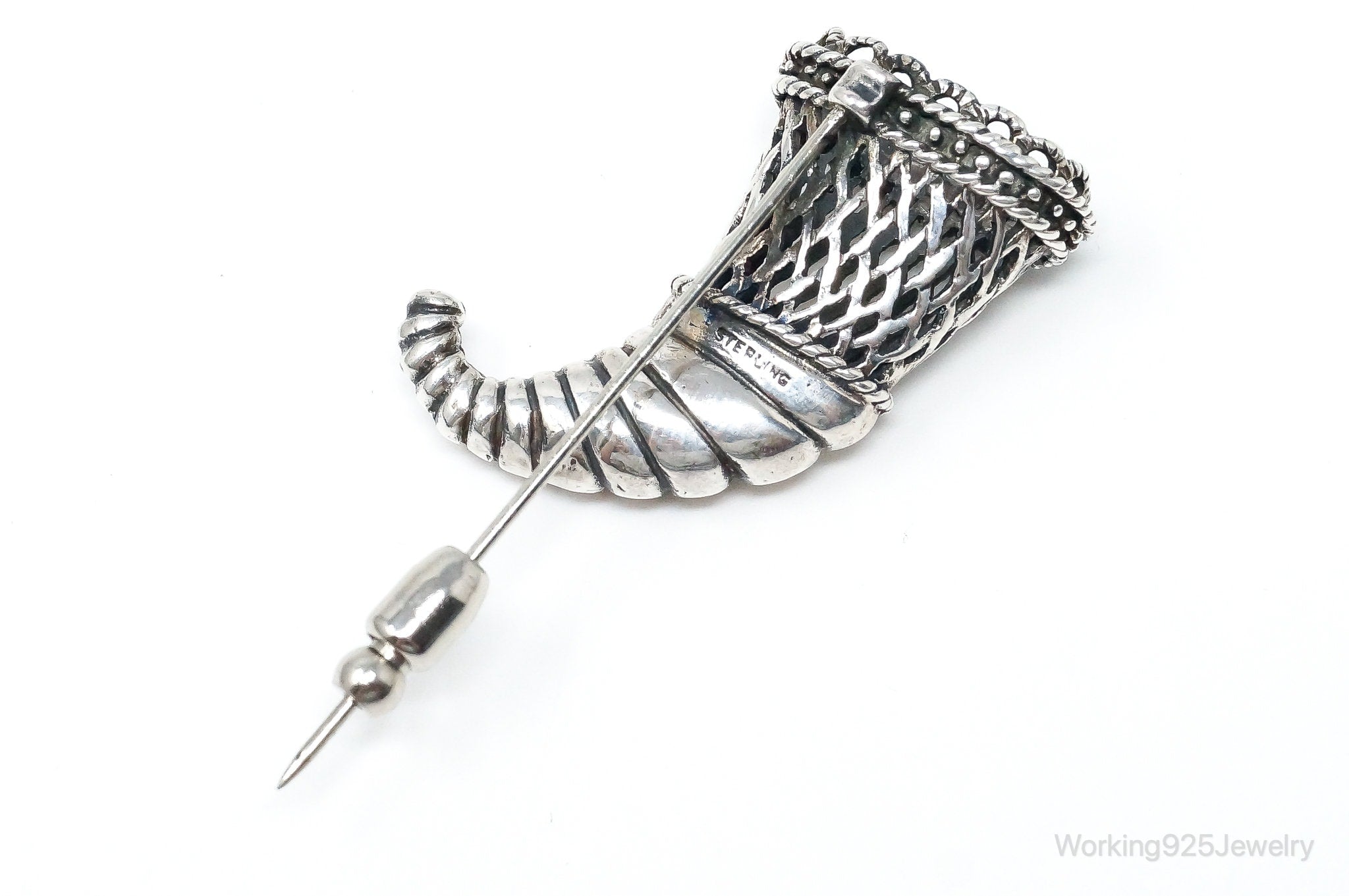 Antique Horn Of Plenty Sterling Silver Brooch Pin