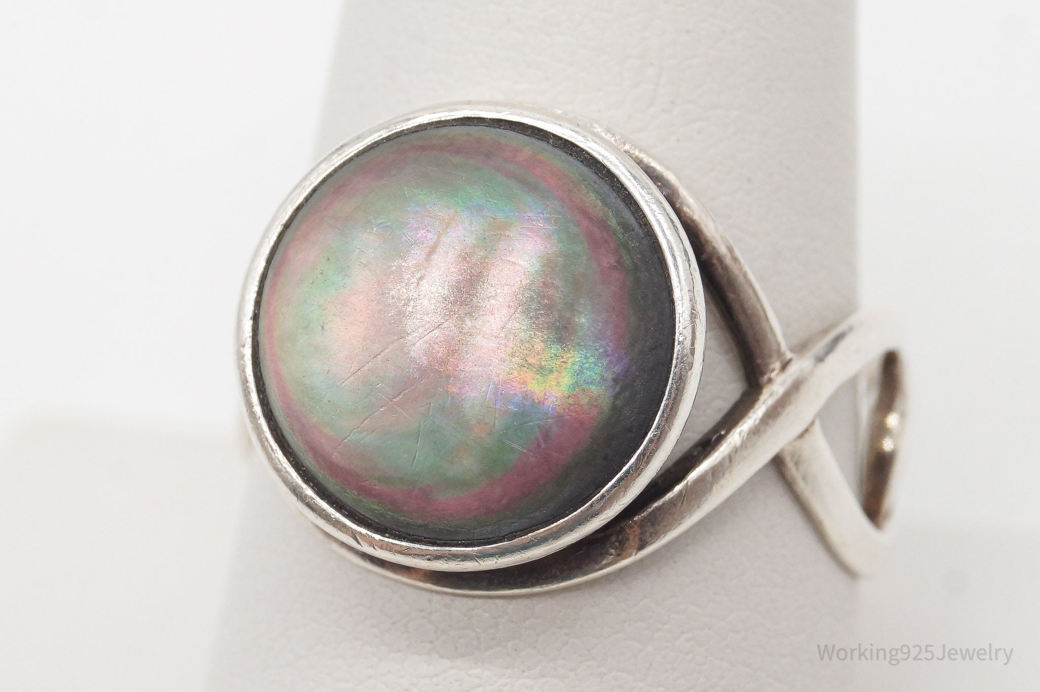 Vintage Abalone Paua Shell Sterling Silver Ring - Size 9