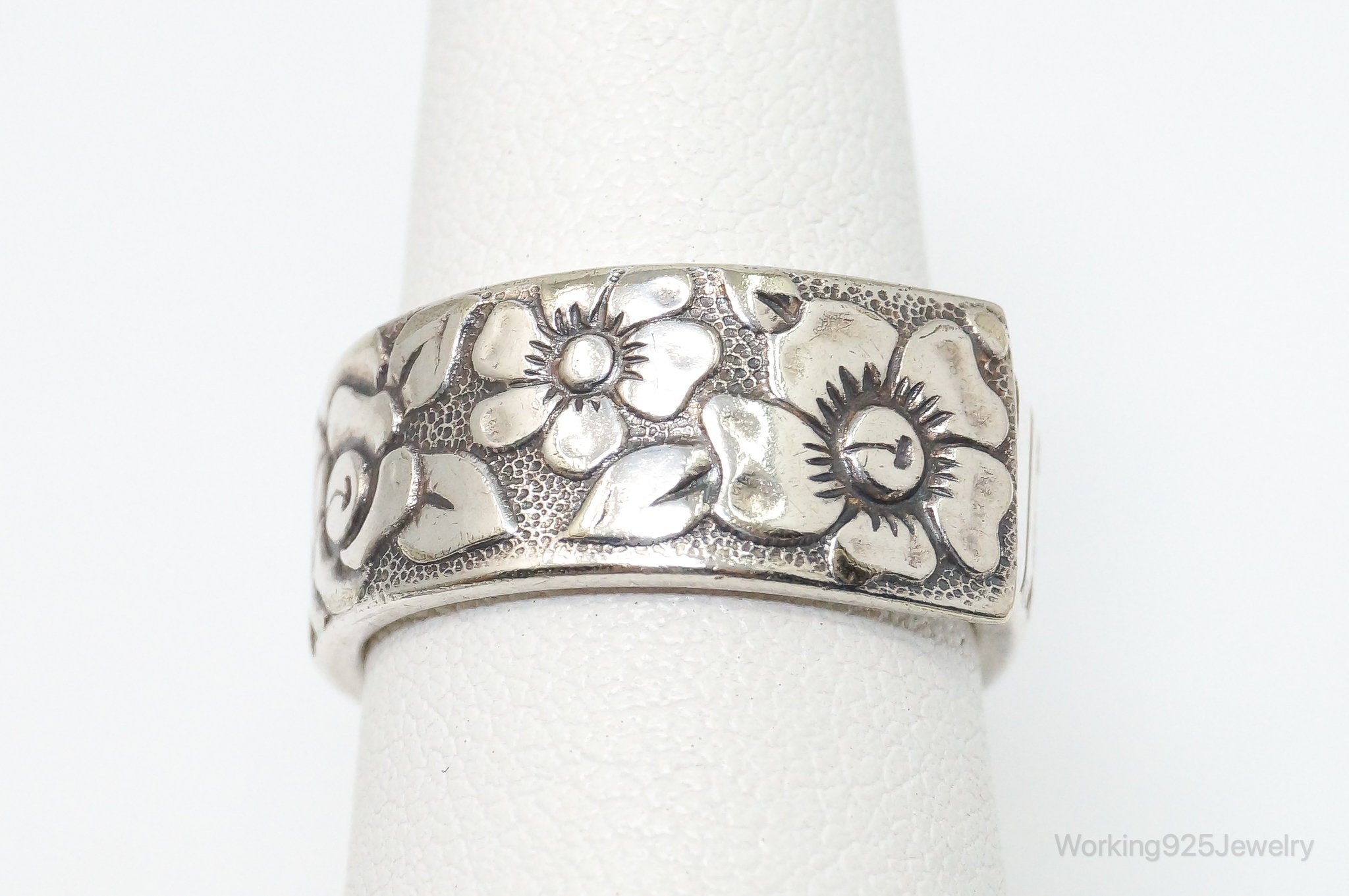 Antique Repousse Floral Wrap Sterling Silver Spoon Ring - Size 5.75