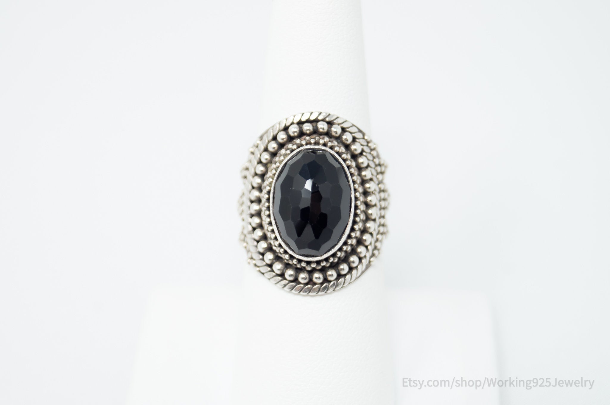 Large Vintage Art Deco Style Black Onyx Statement Sterling Ring - Size 7