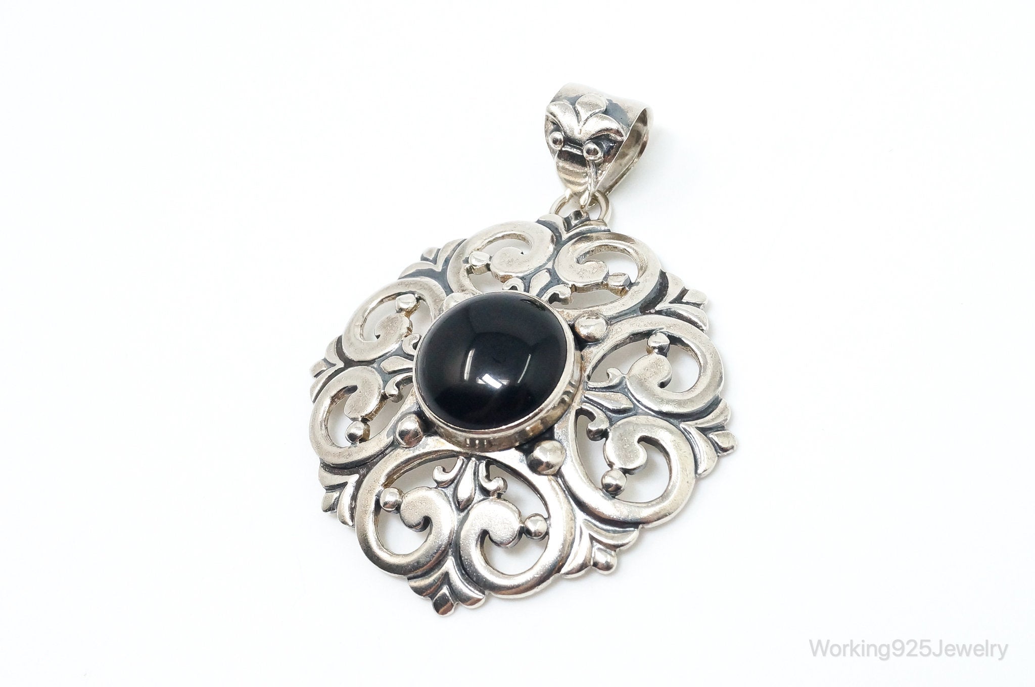 Large Vintage Mexico Designer Black Onyx Sterling Silver Pendant