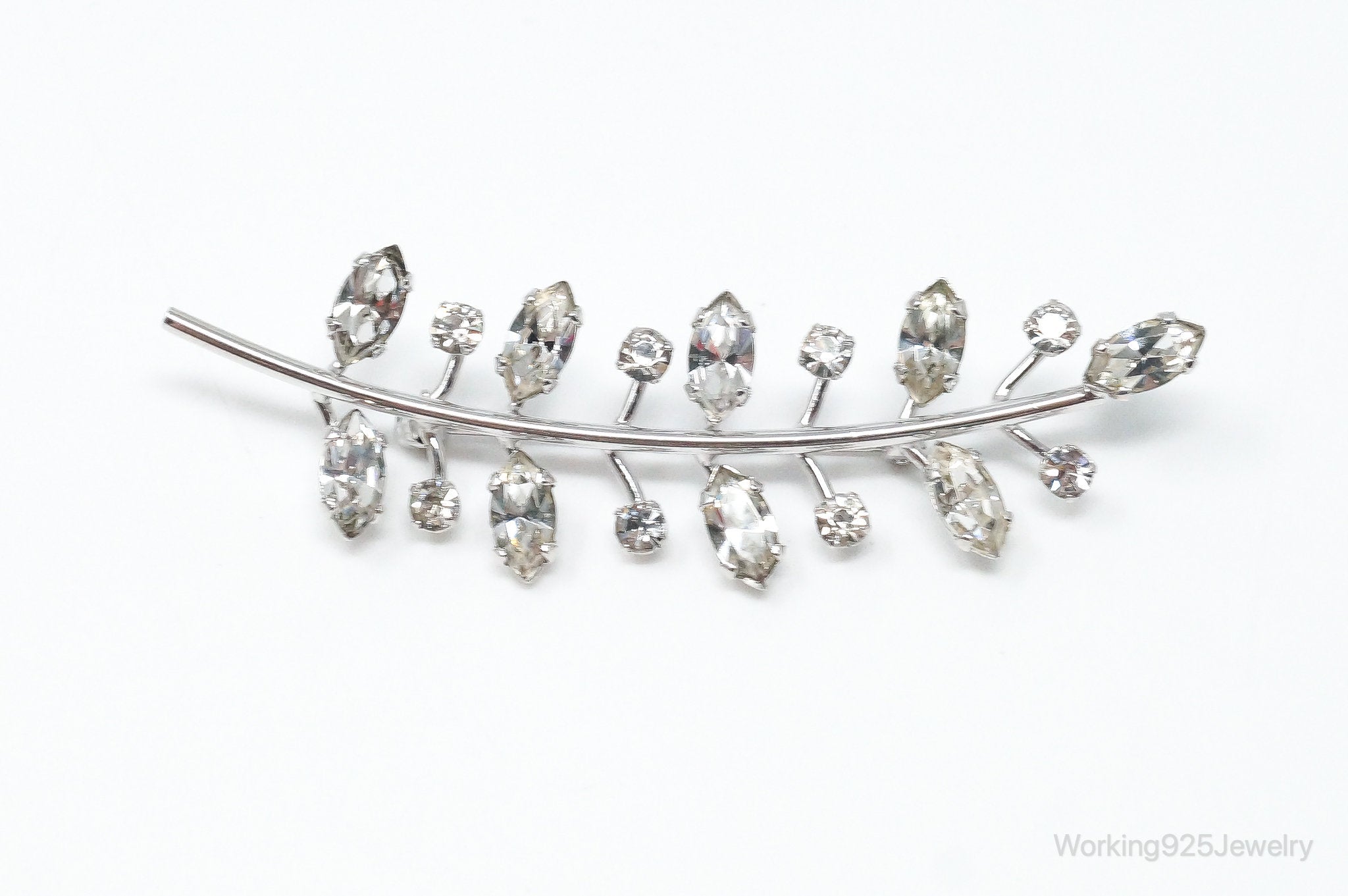 Vintage Designer Lang Rhinestone Leaf Branch Sterling Silver Brooch Pin