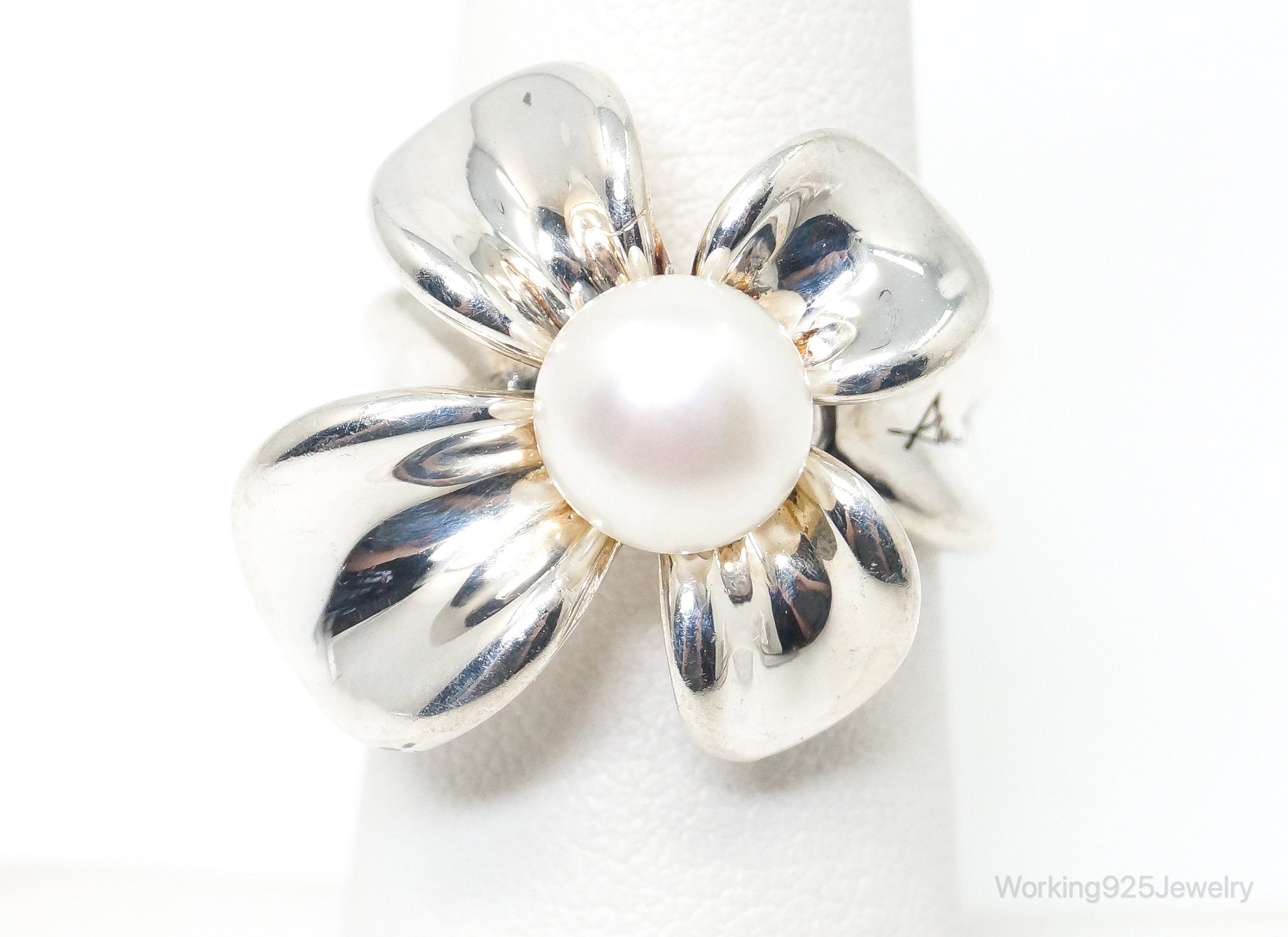 Vintage Designer Ann King Flower Pearl Sterling Silver Ring Size 6