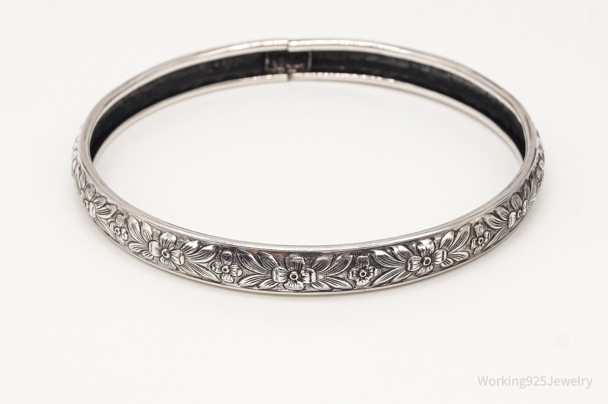 Antique Designer Lang Sterling Silver Floral Bangle Bracelet