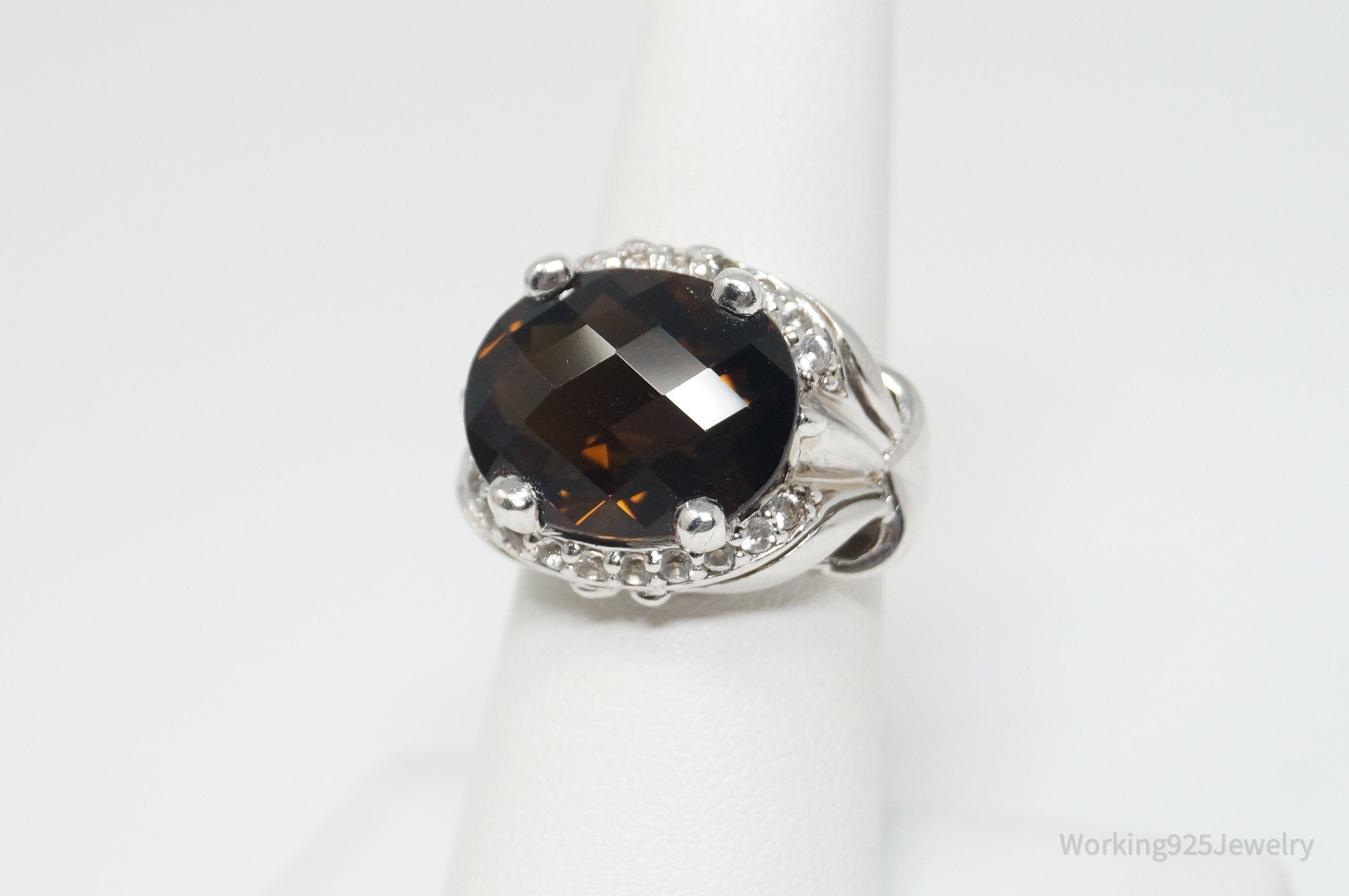 Vintage Designer Smoky Topaz CZ Sterling Silver Ring - Sz 6.75