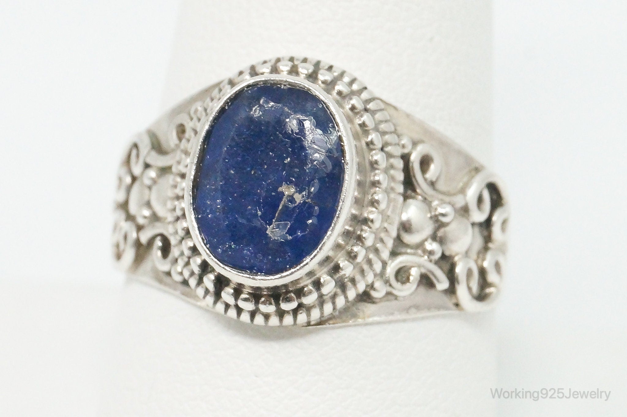 Vintage Dark Blue Gemstone Bali Style Sterling Silver Ring Size 10