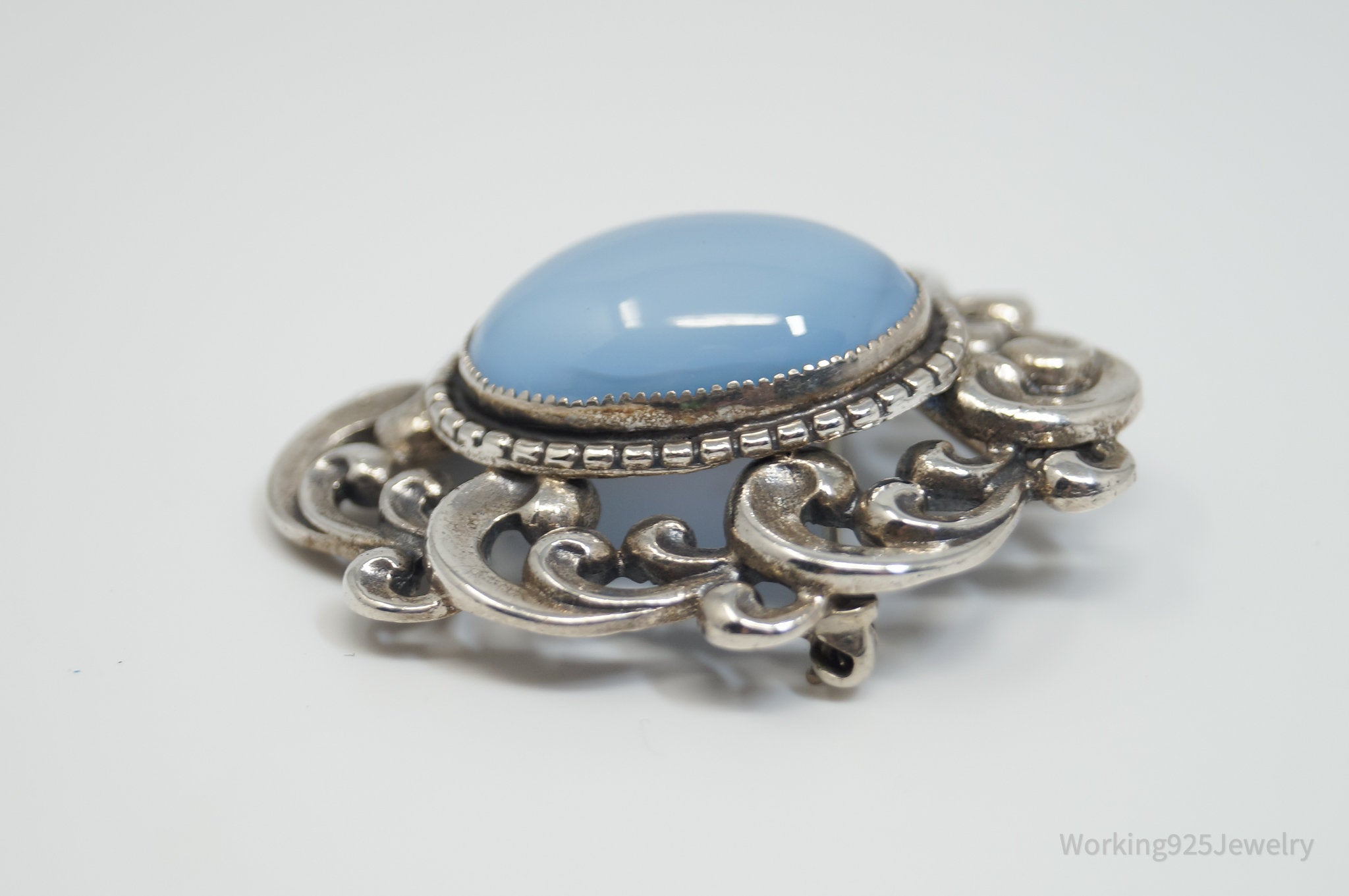 Vintage 1950s Danecraft Blue Opalite Stone Sterling Silver Pendant Pin Brooch