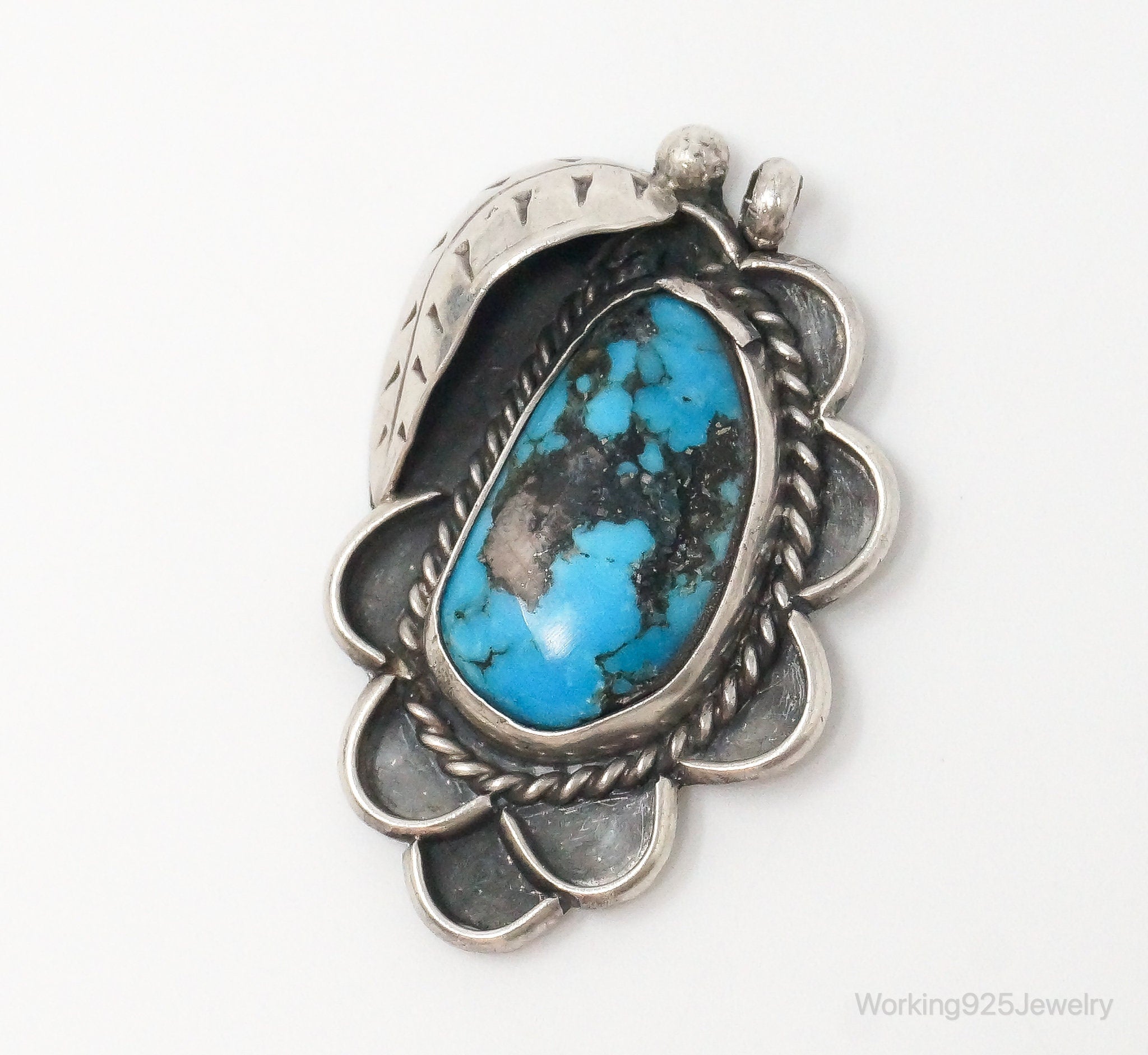 Large Vintage Native American Unsigned Turquoise Sterling Silver Pendant