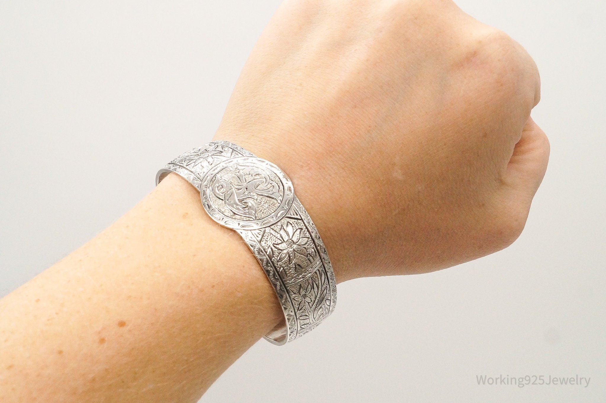 Antique Floral Motif Etched Sterling Silver Cuff Bracelet