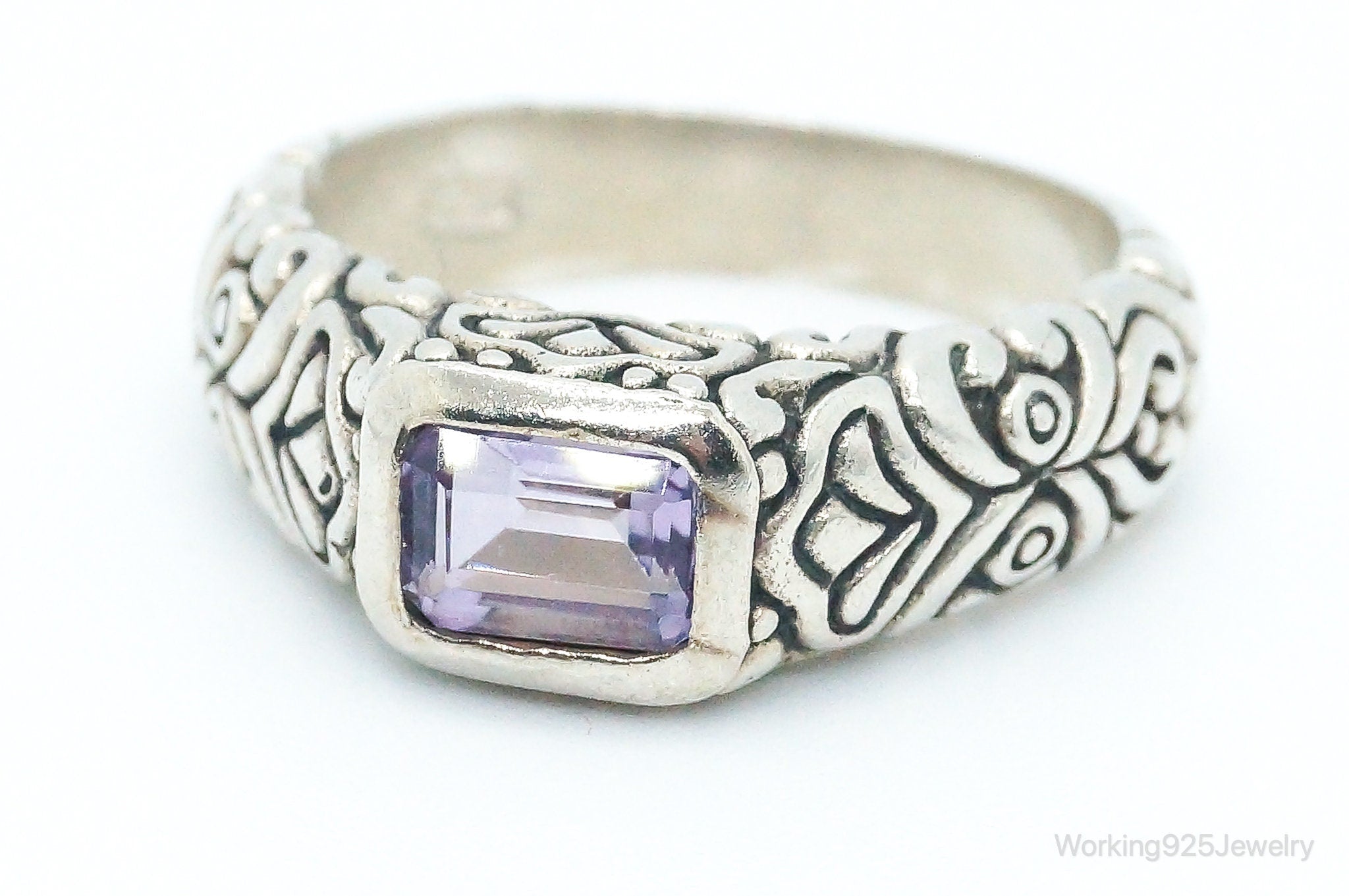 Vintage Amethyst Art Deco Scroll Sterling Silver Ring - Size 8.75