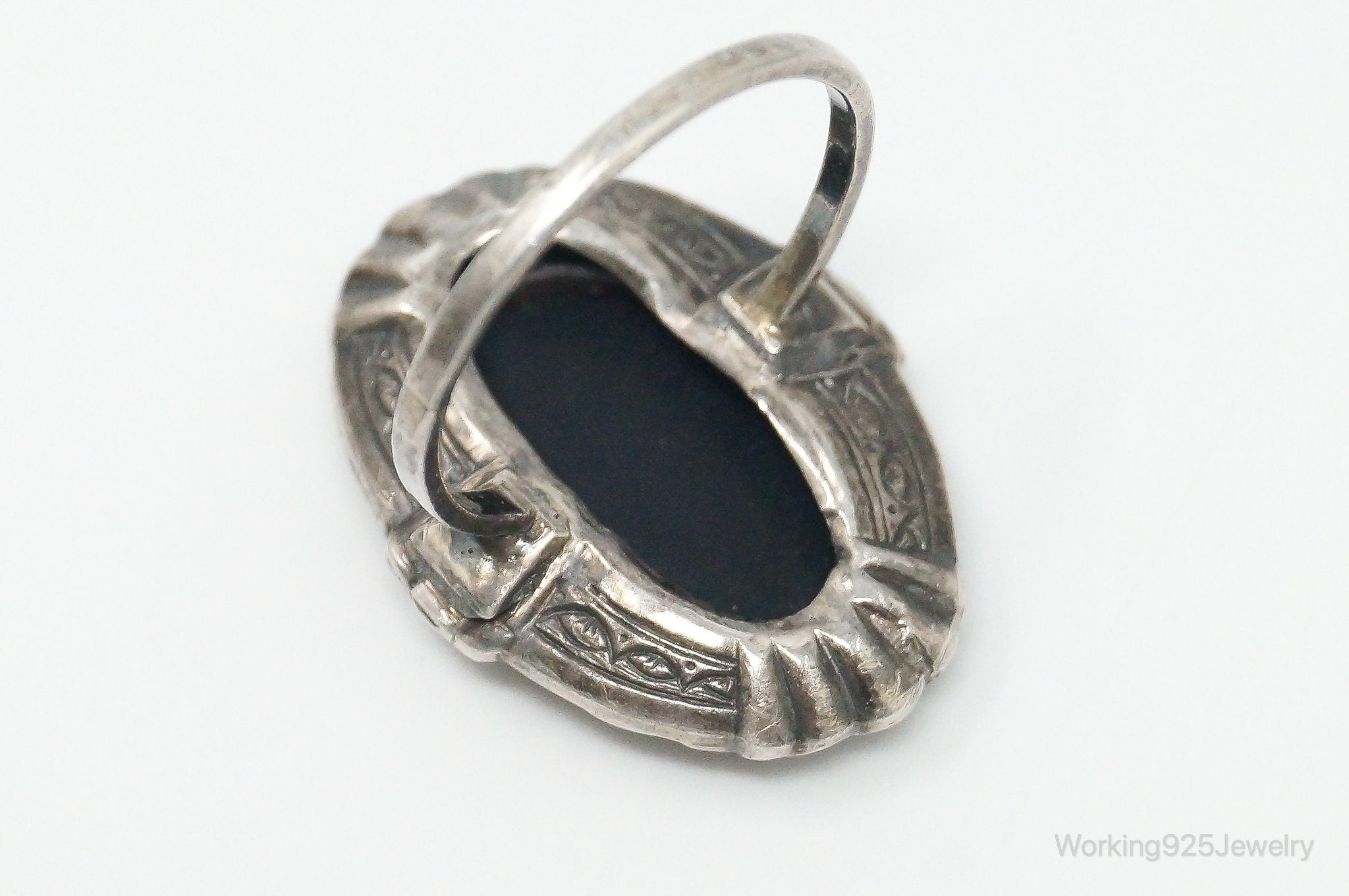 Antique Black Onyx Marcasite Sterling Silver Ring - Size 10.25