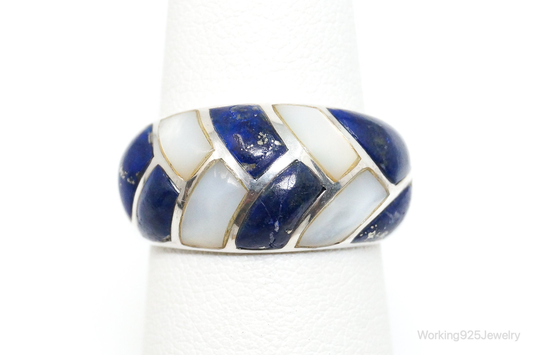 Vintage Designer S & G Lapis Lazuli Mother Of Pearl Sterling Silver Ring SZ 6