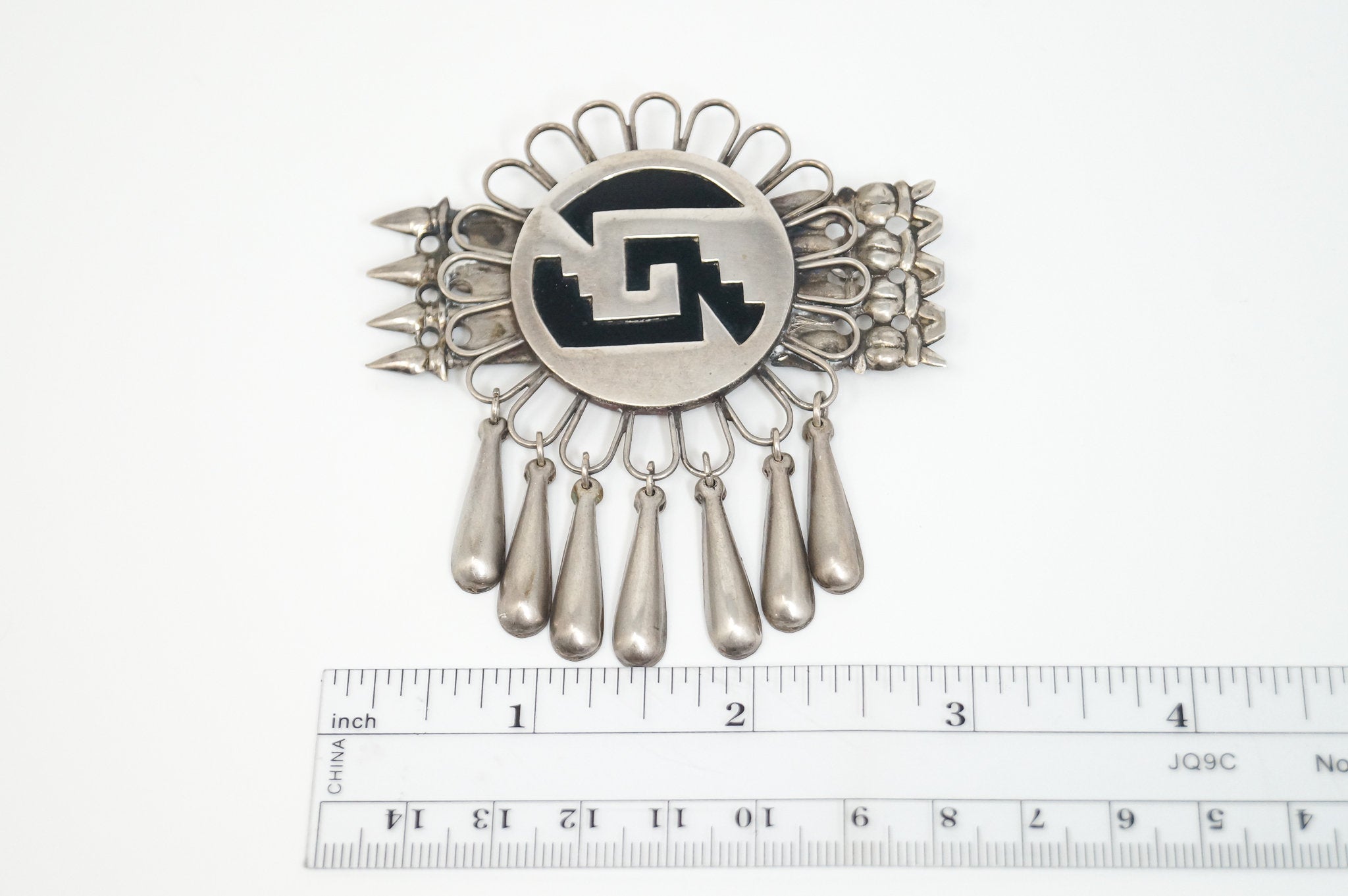 Large Vintage Mexico Handmade Aztec Dangle Silver Brooch Pin