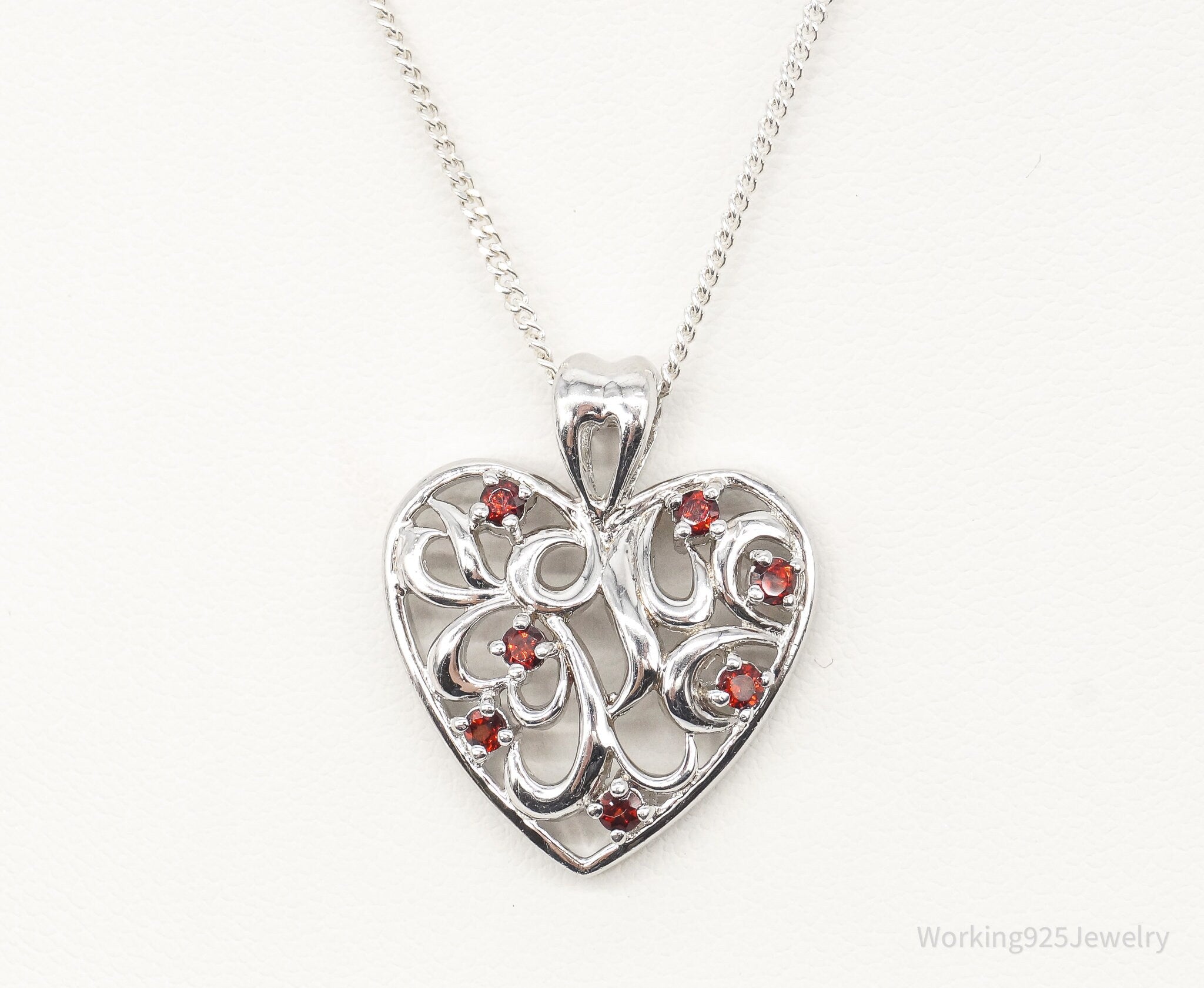 Vintage Garnet Heart Sterling Silver Necklace