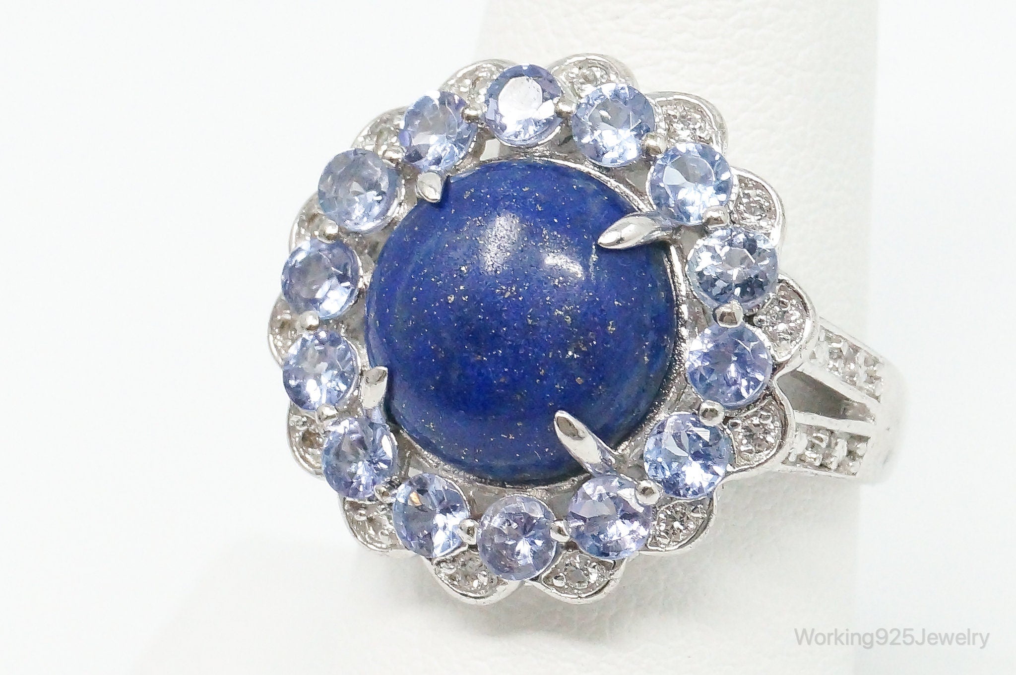 Vintage Lapis Lazuli Iolite Cubic Zirconia Sterling Silver Ring - Size 8