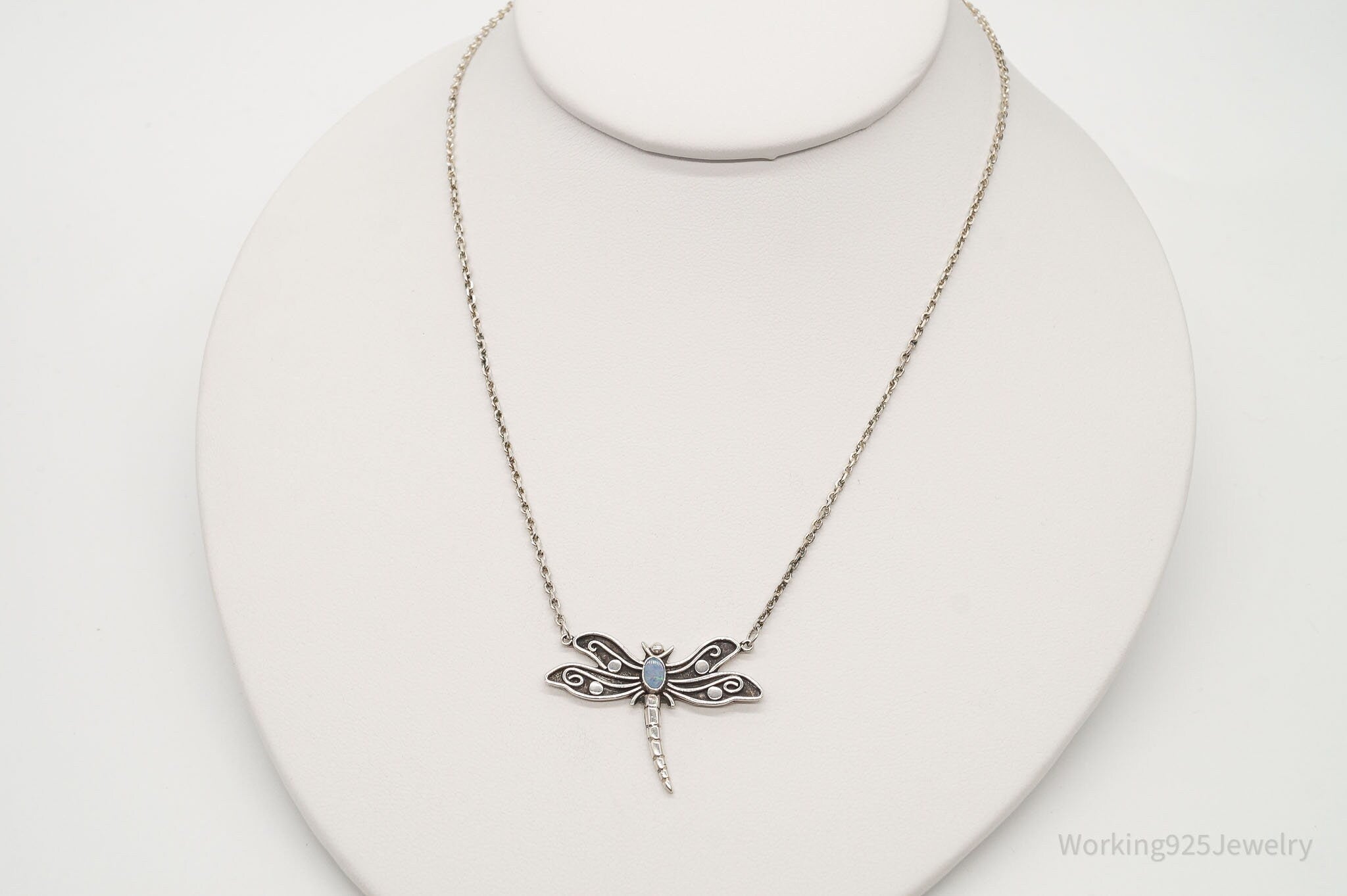 Vintage Designer Sue B Opal Dragonfly Sterling Silver Necklace