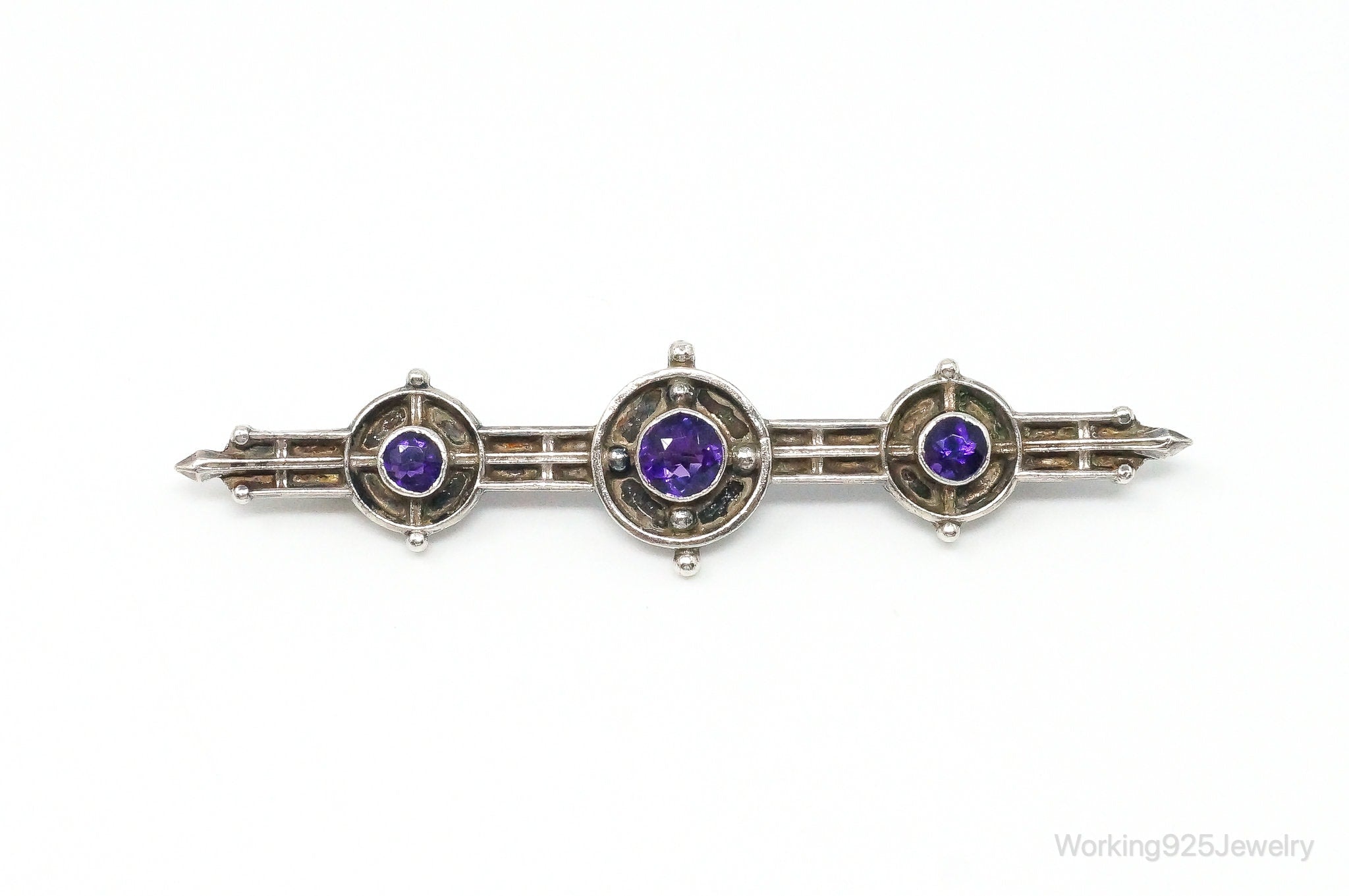 Antique Amethyst Sterling Silver Brooch Pin Bar