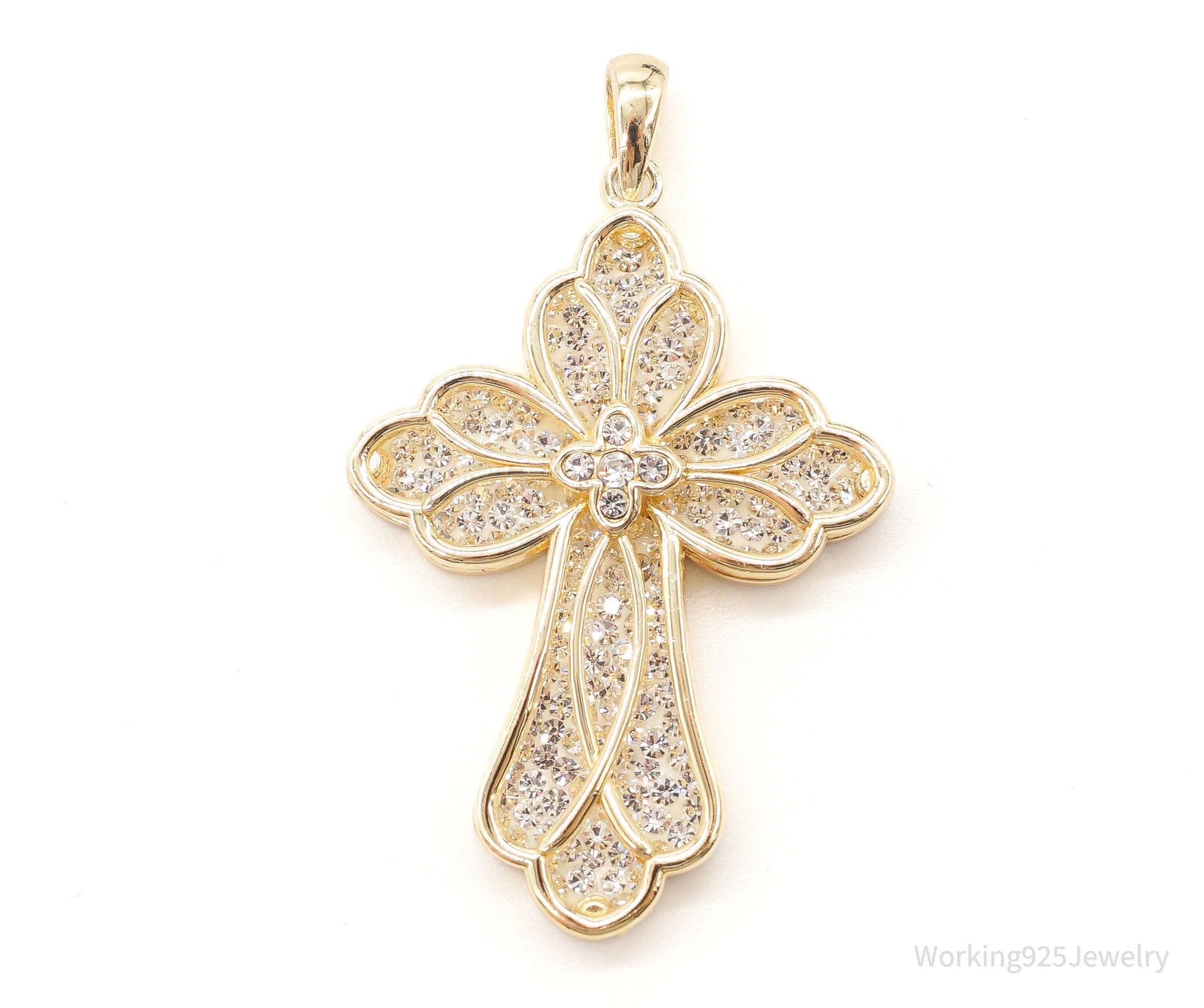 Large Designer JCM Swarovski Crystal Gold Vermeil Cross Sterling Silver Pendant