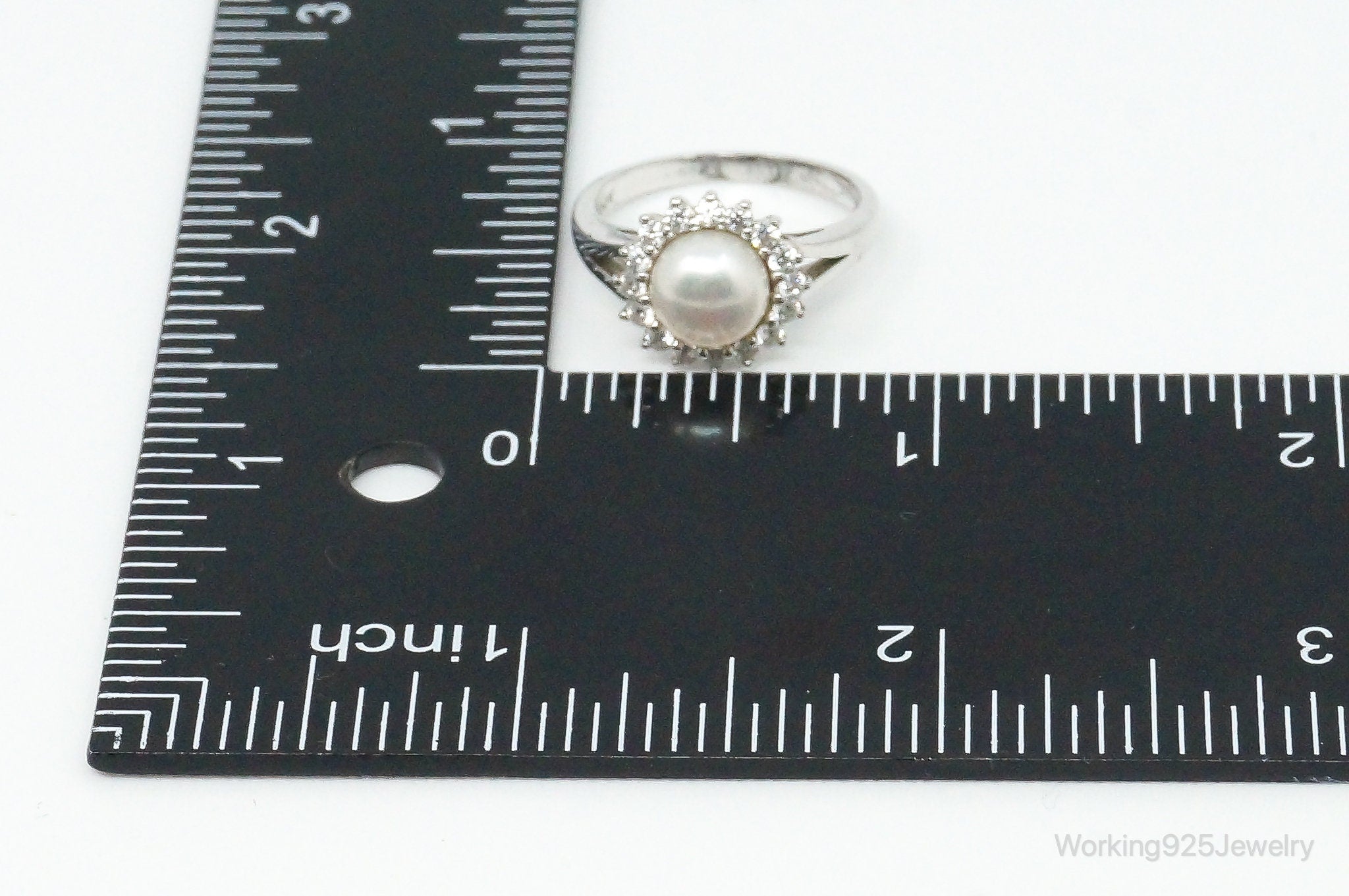 Vintage Designer Pearl Cubic Zirconia Sterling Silver Ring - Size 7