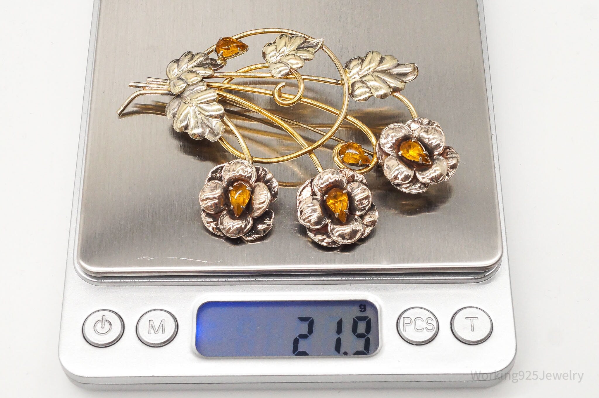 Large Vintage 1930s Orange Glass 12K GF Sterling Silver Flowers Brooch Pin