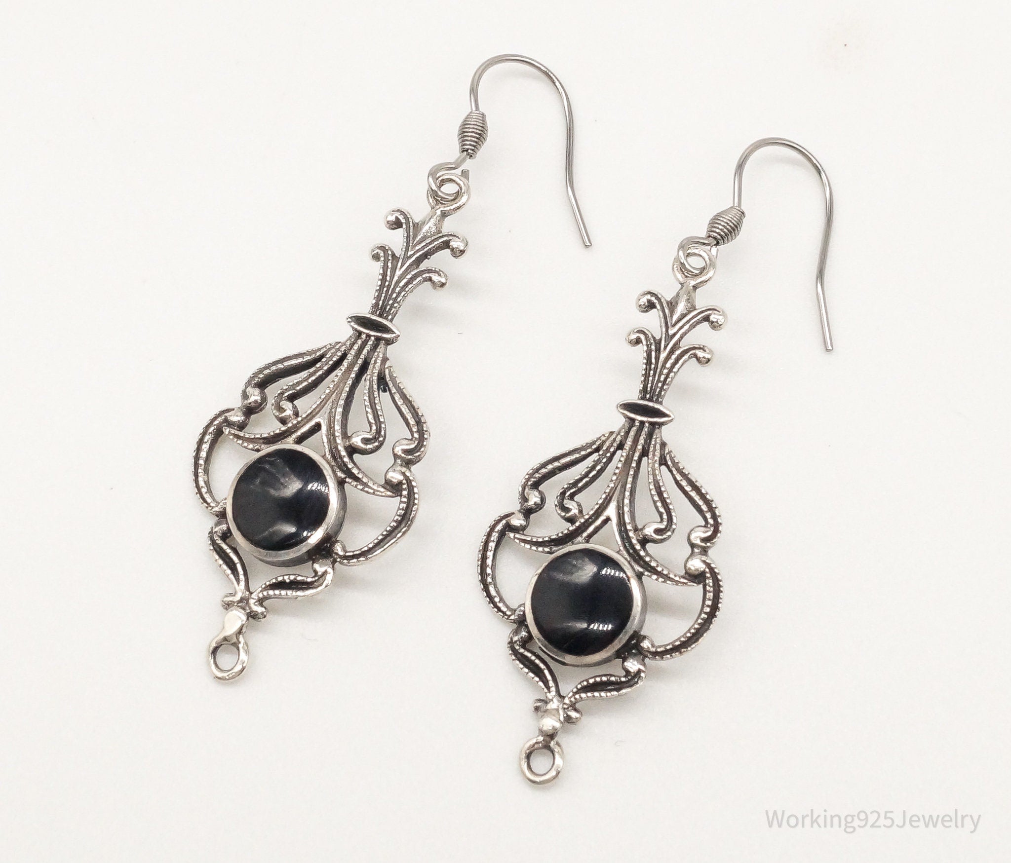 Vintage Black Onyx Openwork Sterling Silver Earrings