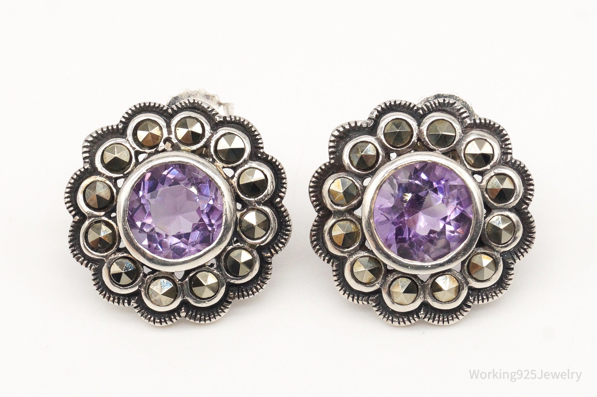 Vintage Amethyst Marcasite Flowers Sterling Silver Earrings