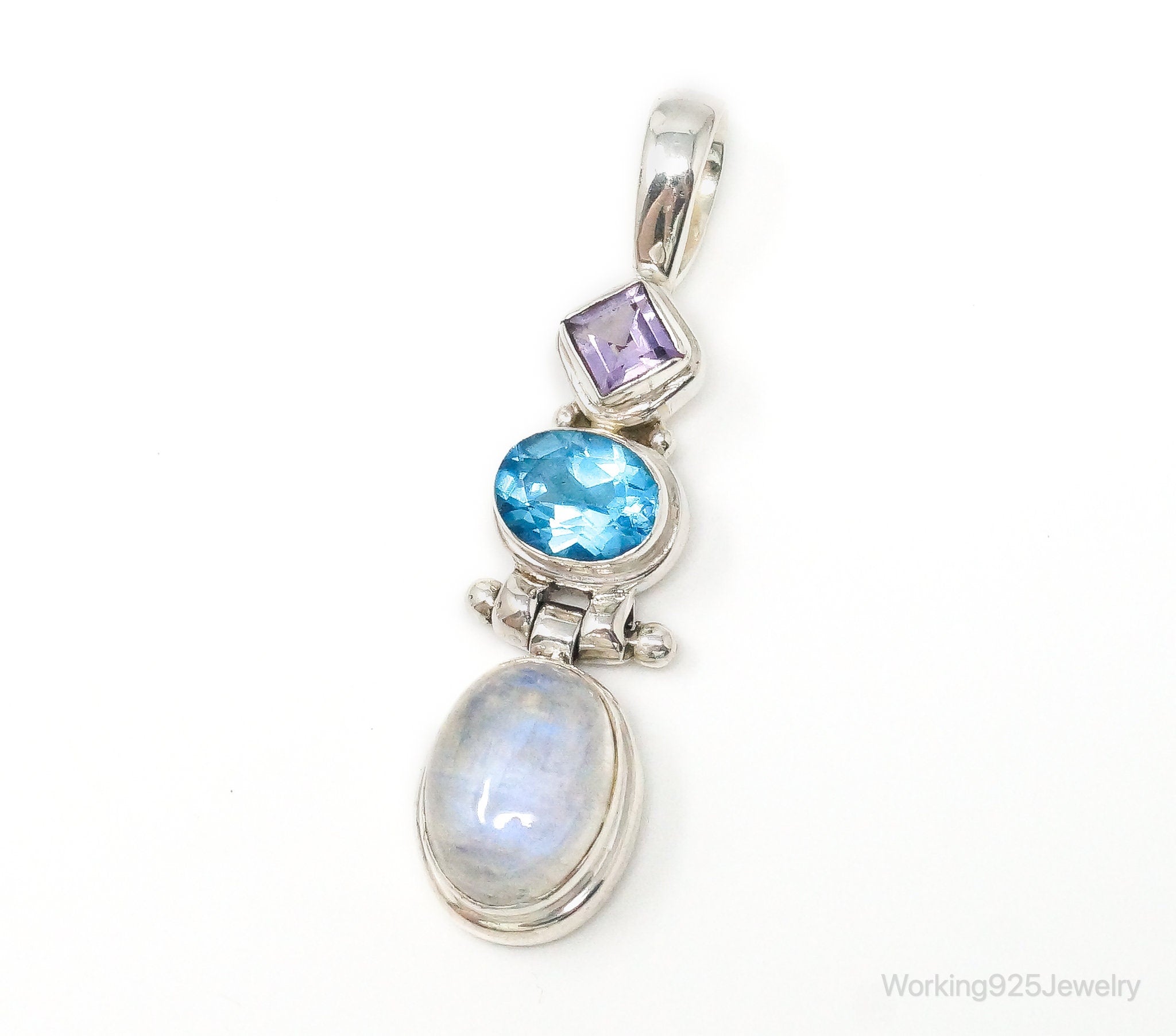 Large Vintage Blue Topaz Amethyst Moonstone Sterling Silver Pendant