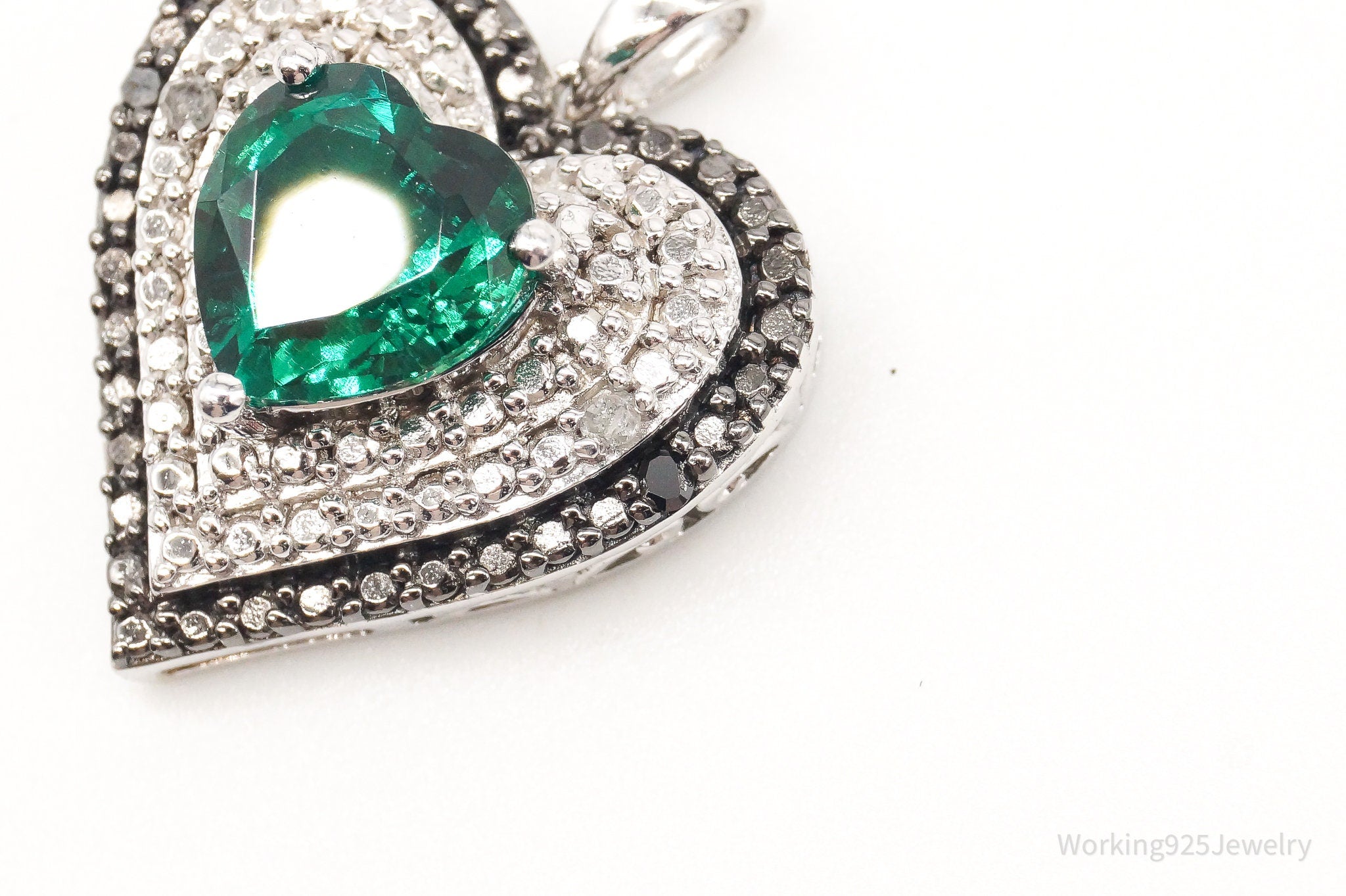 Vintage Green Topaz 2 White & 2 Black Diamond Heart Sterling Silver Pendant