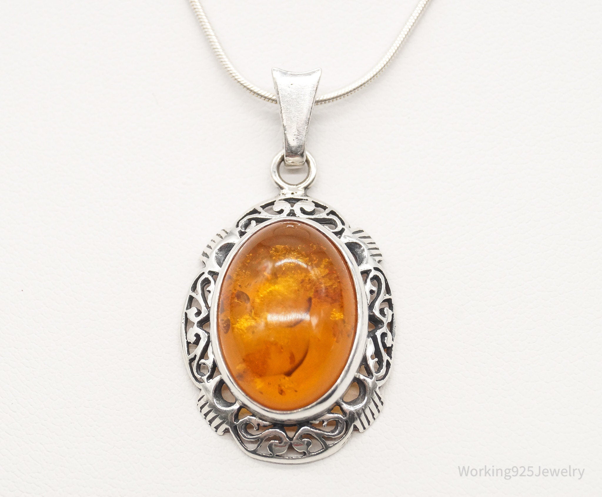 Vintage Large Amber Sterling Silver Adjustable Chain Necklace