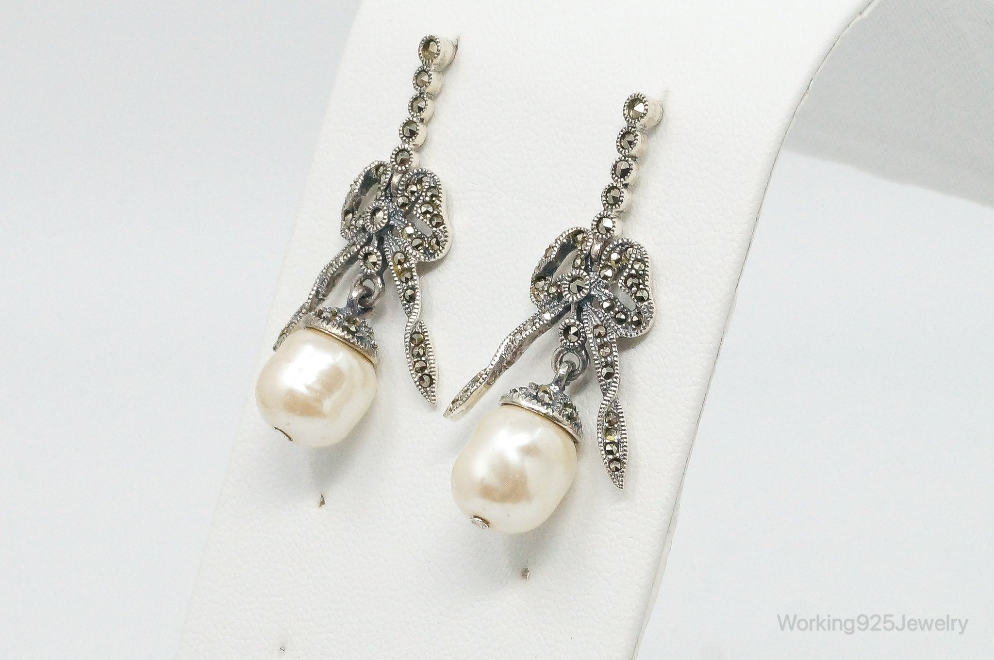 Rare Vintage Judith Jack Marcasite Pearl Sterling Silver Bow Earrings