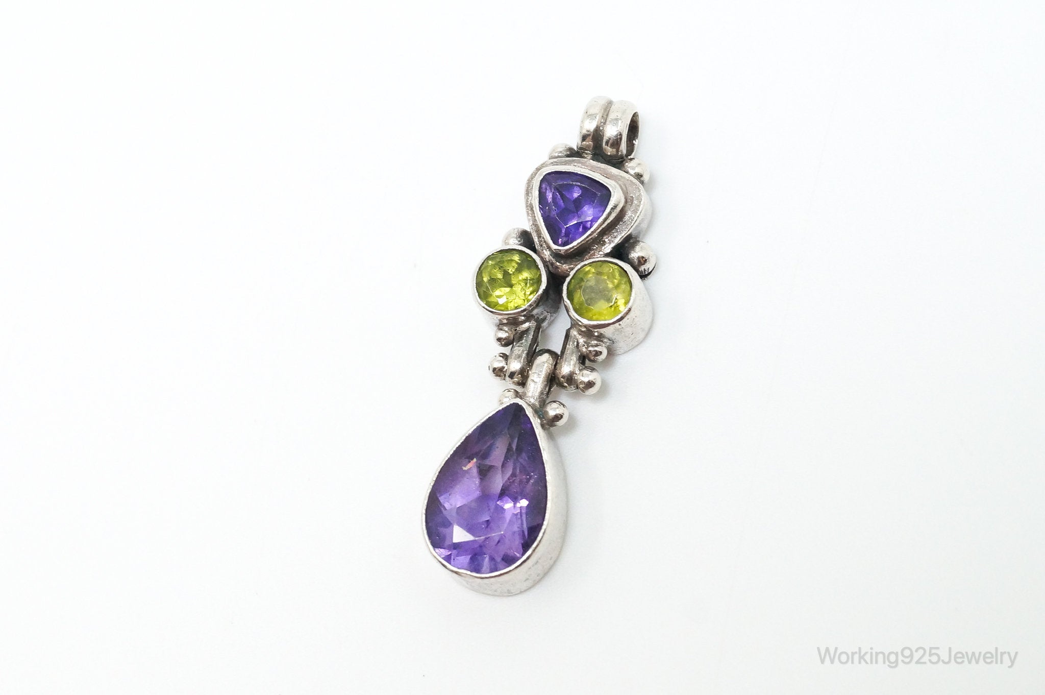 Vintage Amethyst Peridot Sterling Silver Bali Style Necklace Pendant