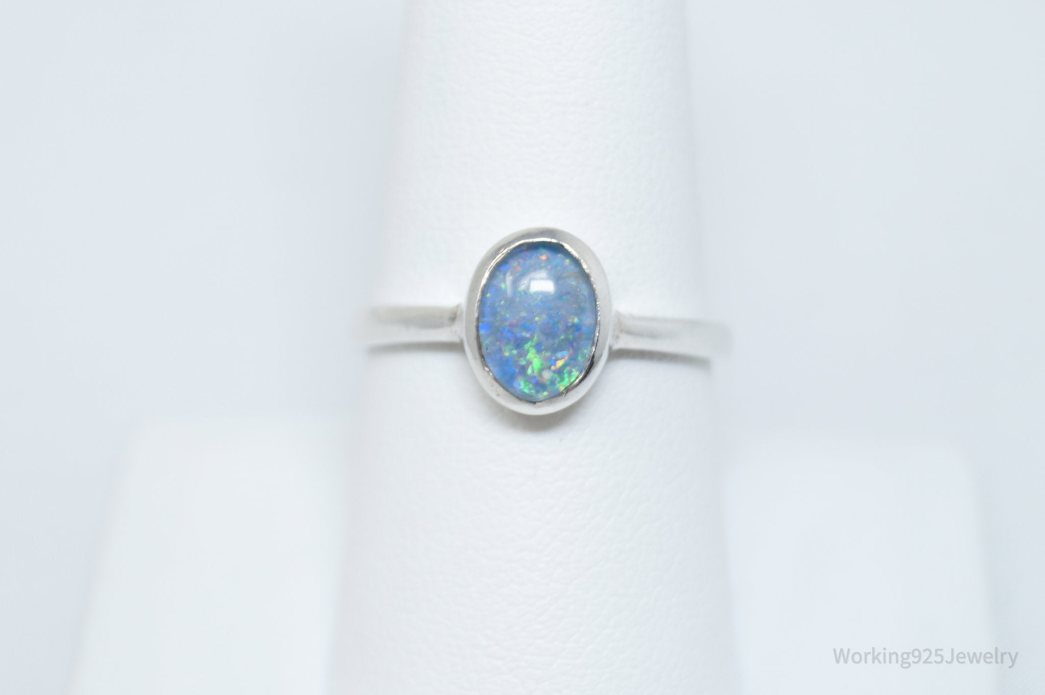 Vintage Designer GHCJ Blue Fire Opal Sterling Silver Ring - SZ 8.25