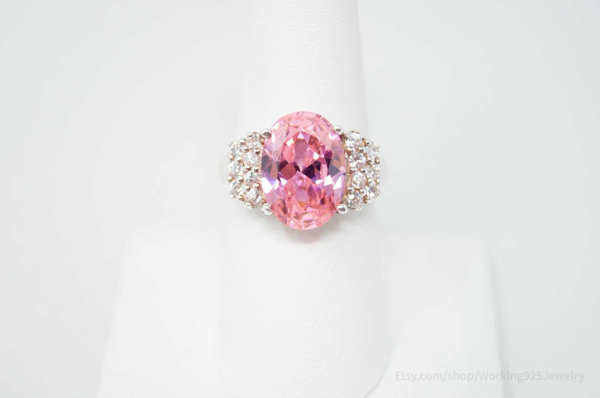 Vintage Art Deco Style Pink Topaz Cz Statement Ring Sterling Silver - Size 7.5