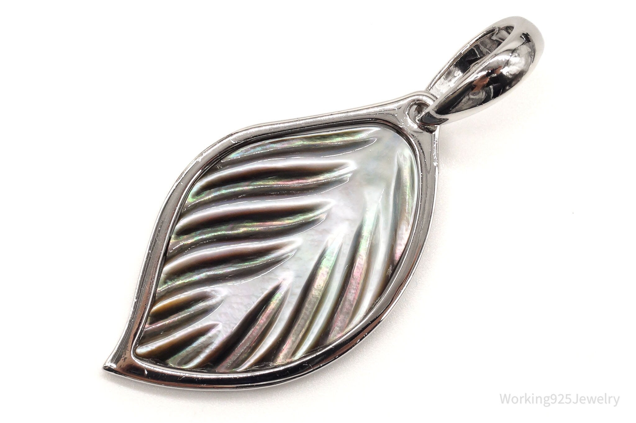 Large Vintage Carved Abalone Shell Sterling Silver Leaf Pendant