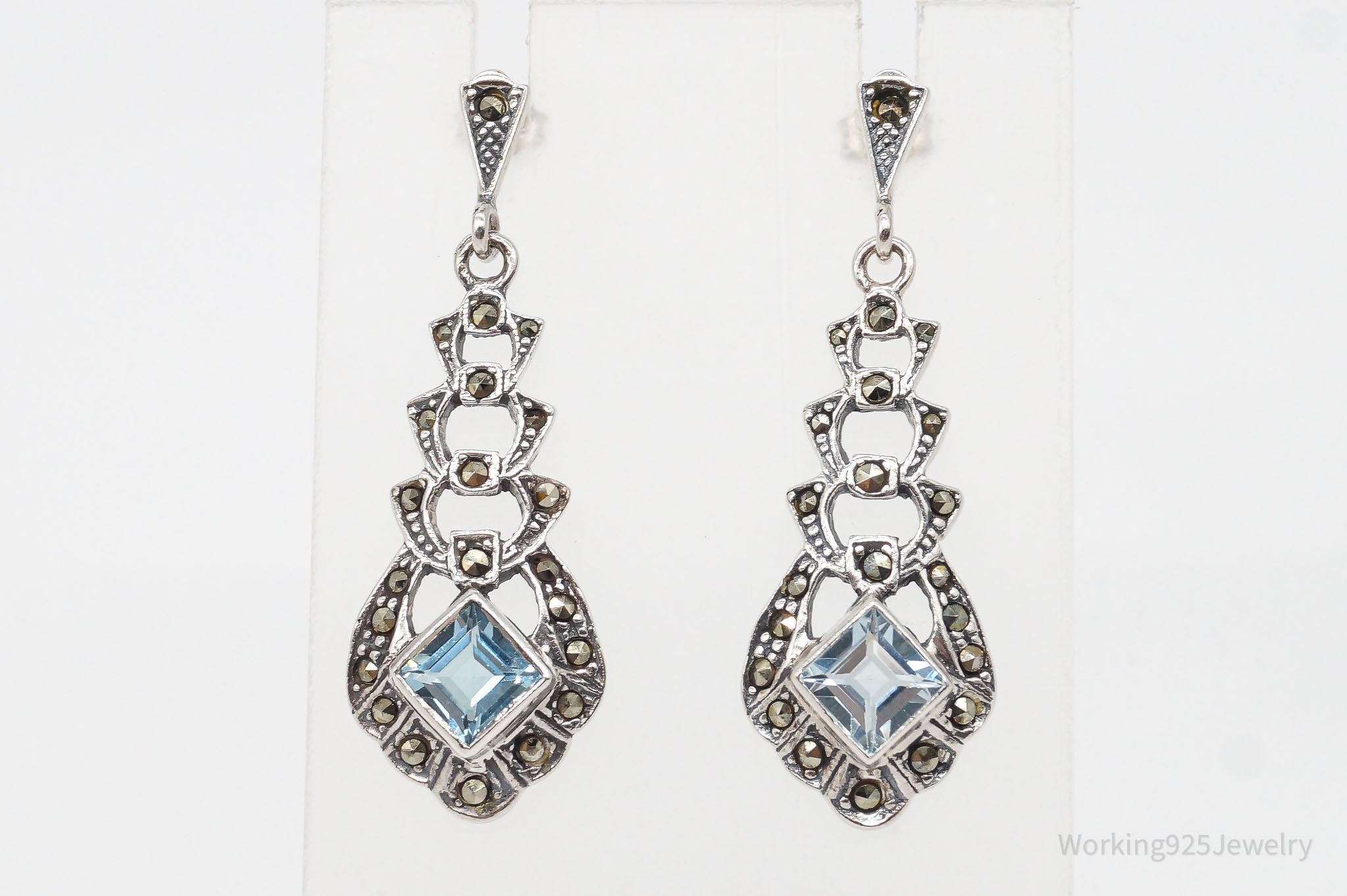 Vintage Blue Topaz Marcasite Sterling Silver Earrings