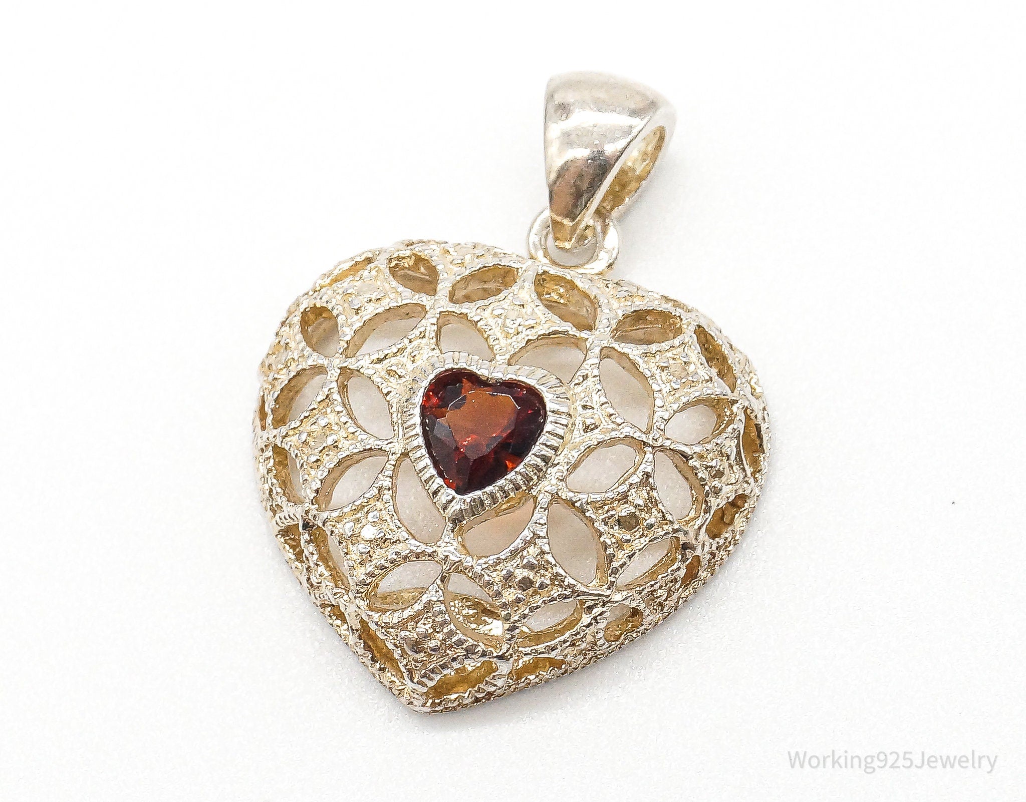 Vintage Designer Avon Garnet Heart Sterling Silver Pendant