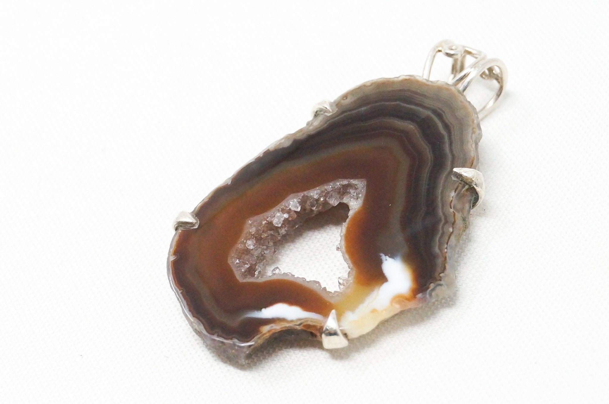 Vintage Large Brown Crazy Lace Agate Sterling Silver Necklace Pendant