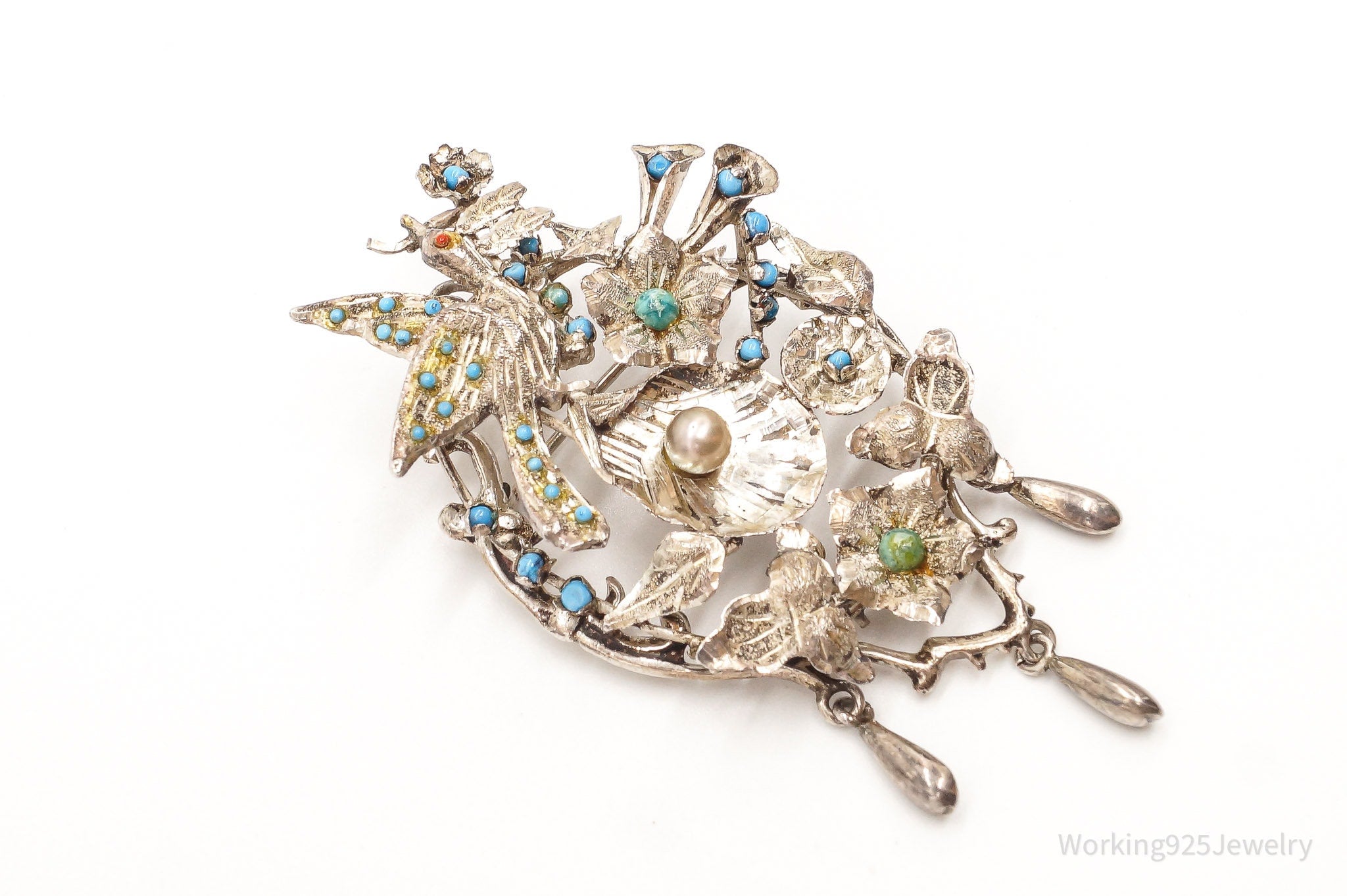 Rare Large Antique Bird & Flowers Faux Pearl And Stones Sterling Silver Pin