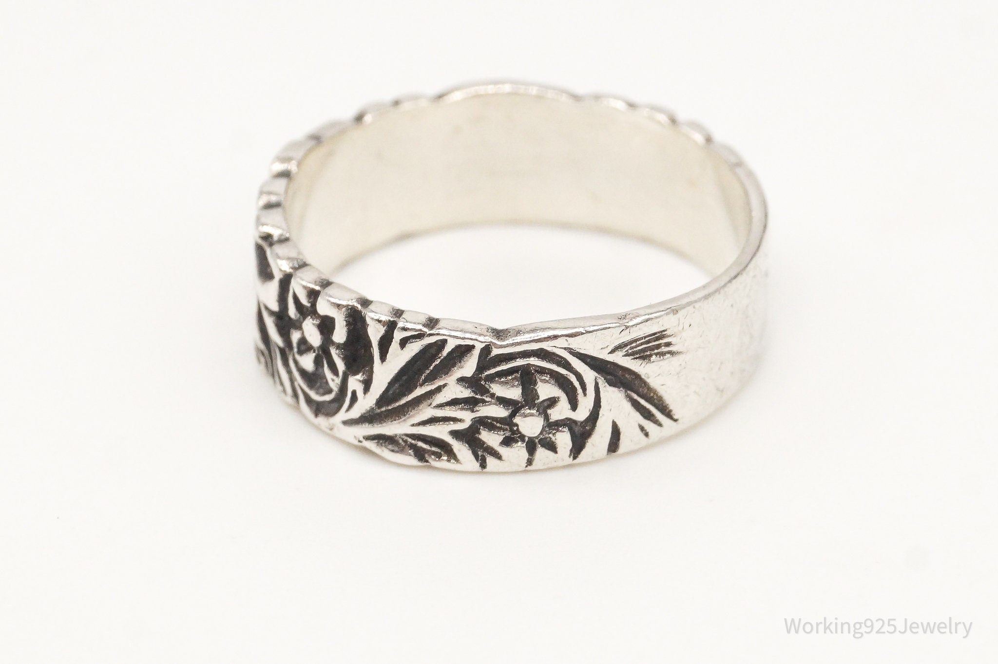 Vintage Flowers Sterling Silver Band Ring - Size 7.5