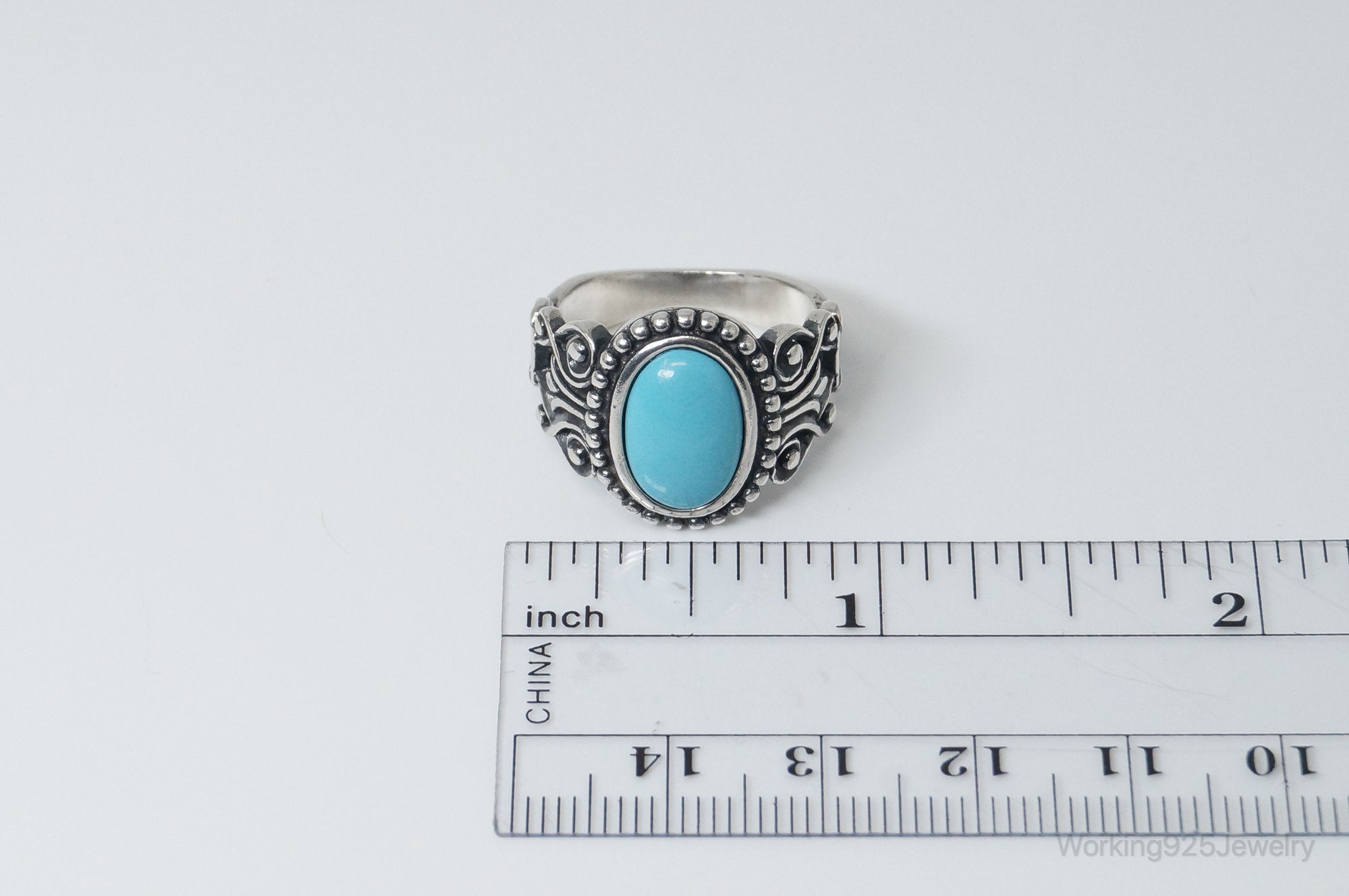 Vintage Designer Avon Turquoise Scroll Sterling Silver Ring - Size 8