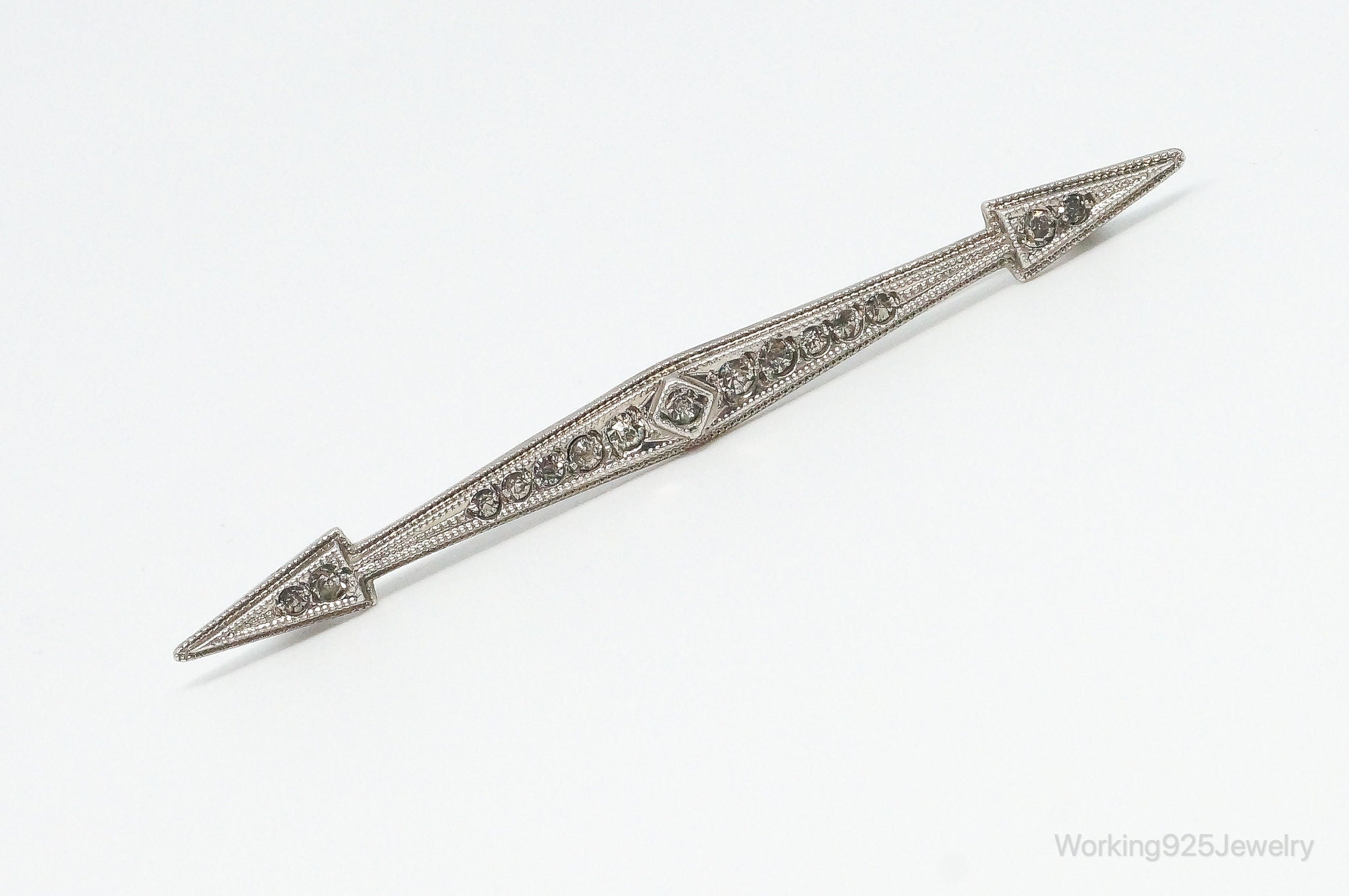 Antique Designer Cubic Zirconia Sterling Silver Brooch Pin Bar