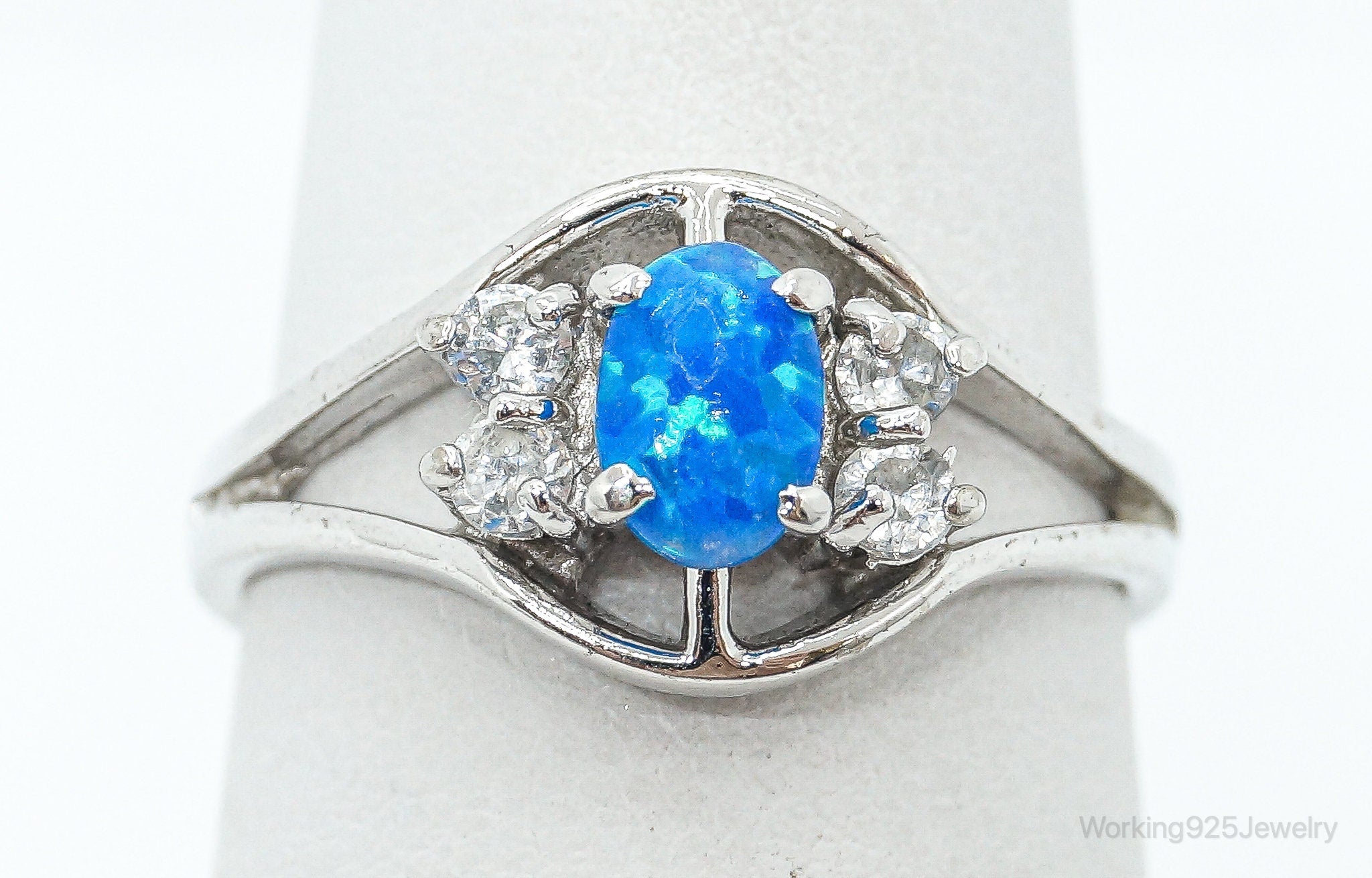 Vintage Blue Opal Cubic Zirconia Sterling Silver Ring - Size 6.5