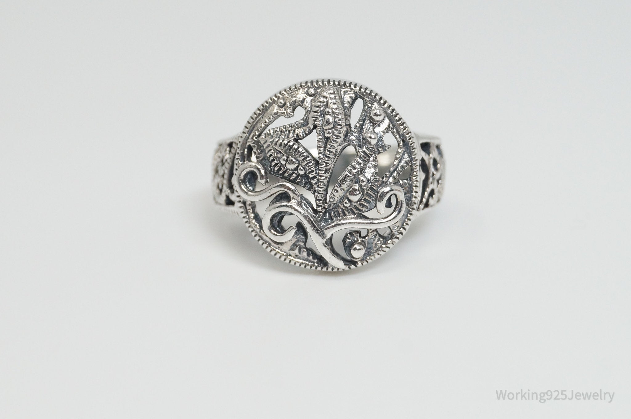 Vintage Floral Motif Cut Out Design Sterling Silver Ring - Sz 6.5