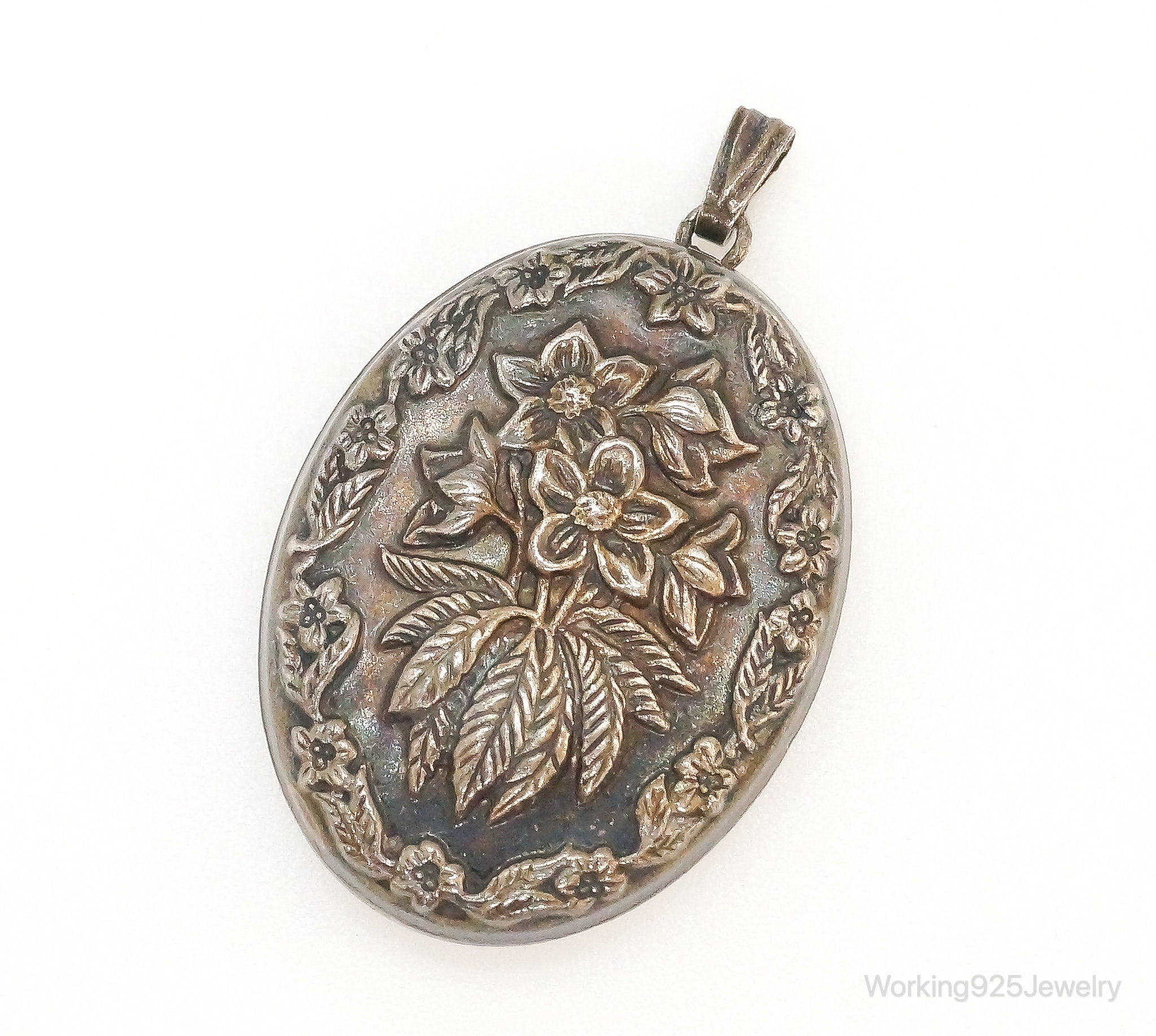 Antique Art Nouveau Flowers Sterling Silver Necklace Pendant