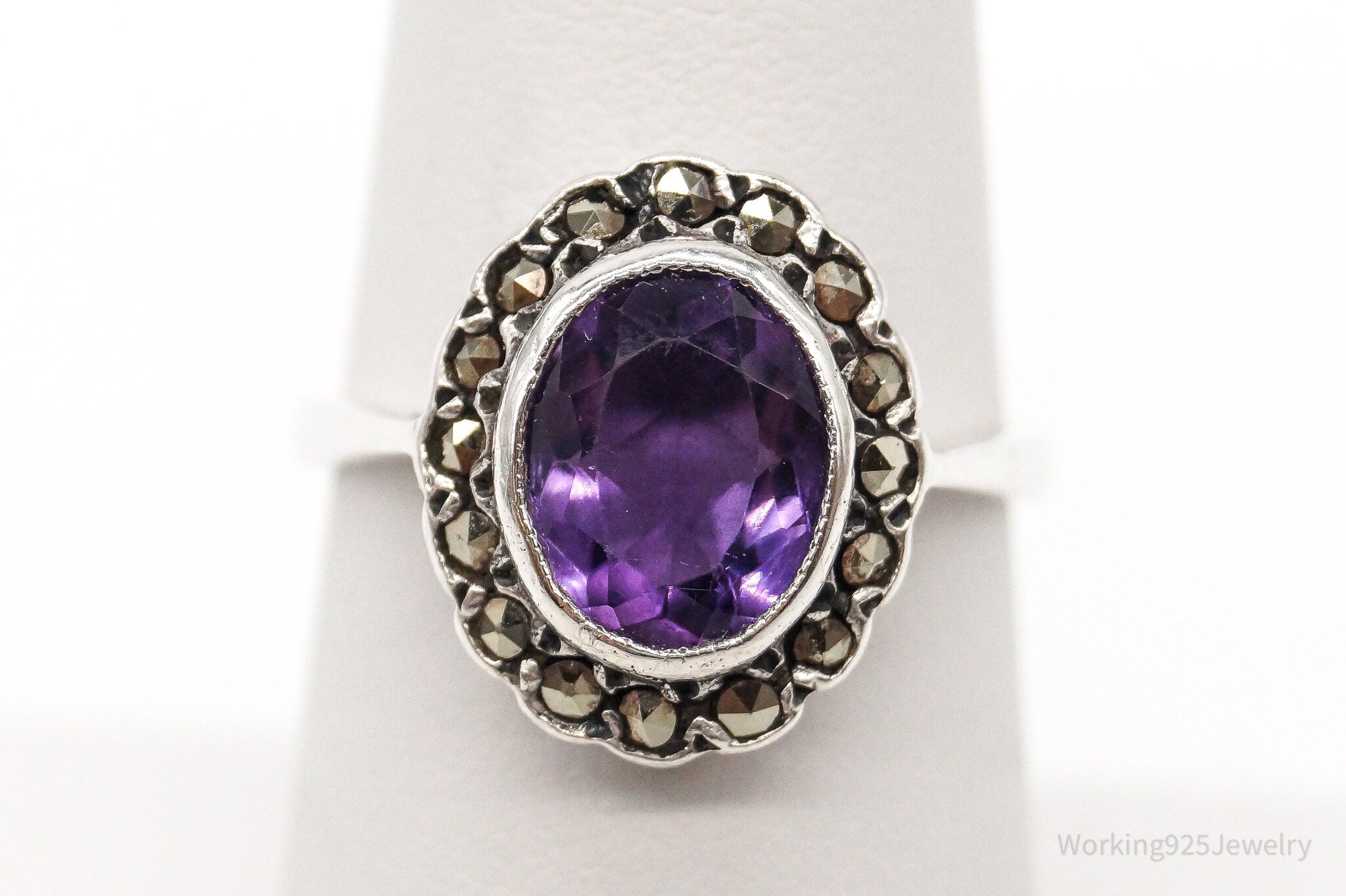 Vintage Art Deco Amethyst Marcasite Sterling Silver Ring - Size 6.5