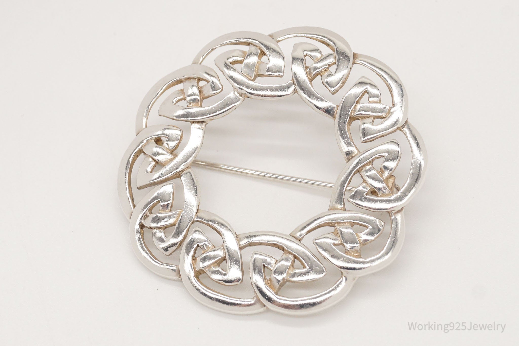 Large Vintage Designer KH Celtic Knot Wreath Sterling Silver Brooch Pin