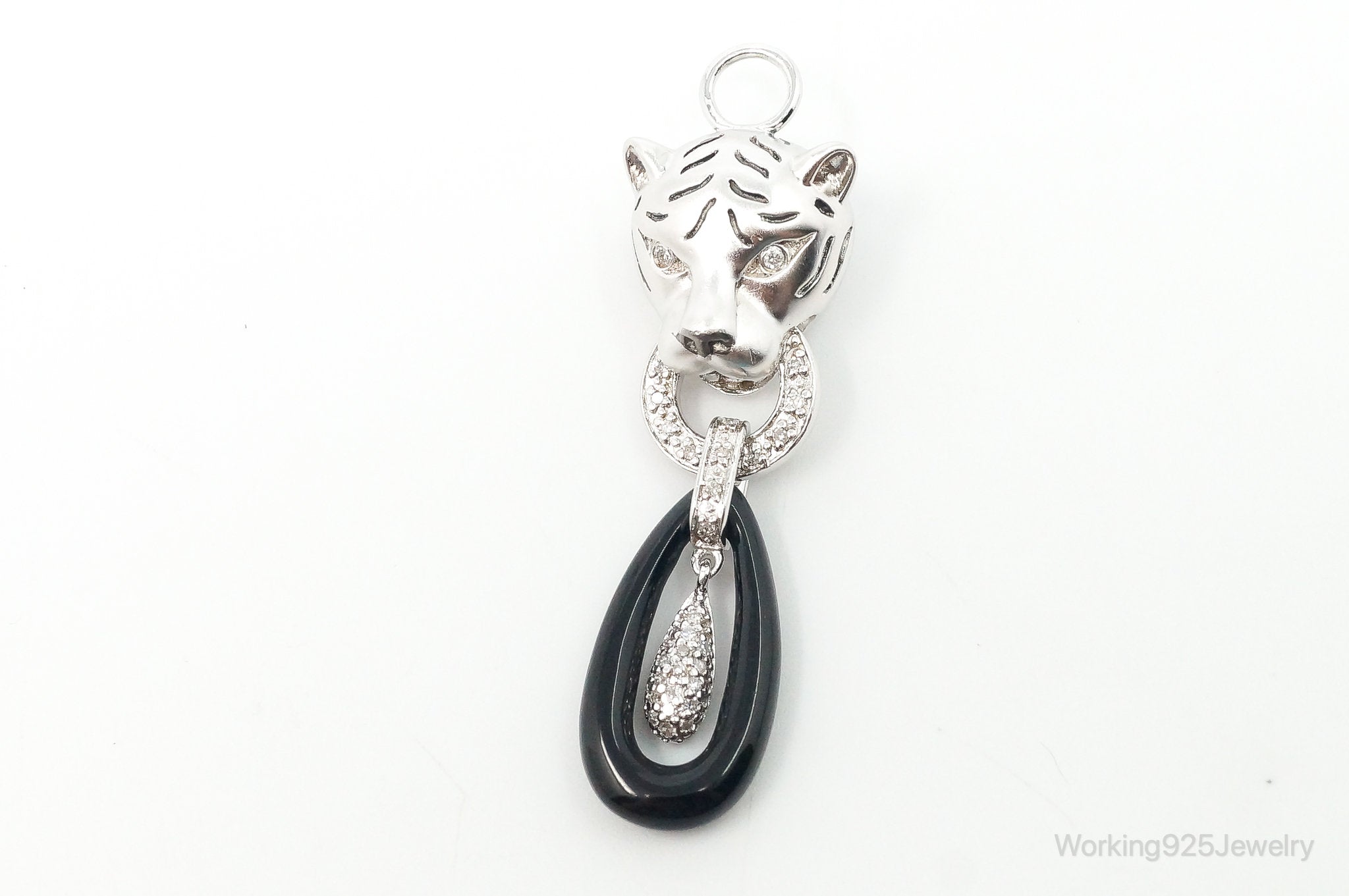 Designer EA Black Onyx Cubic Zirconia Tiger Knocker Sterling Silver Pendant